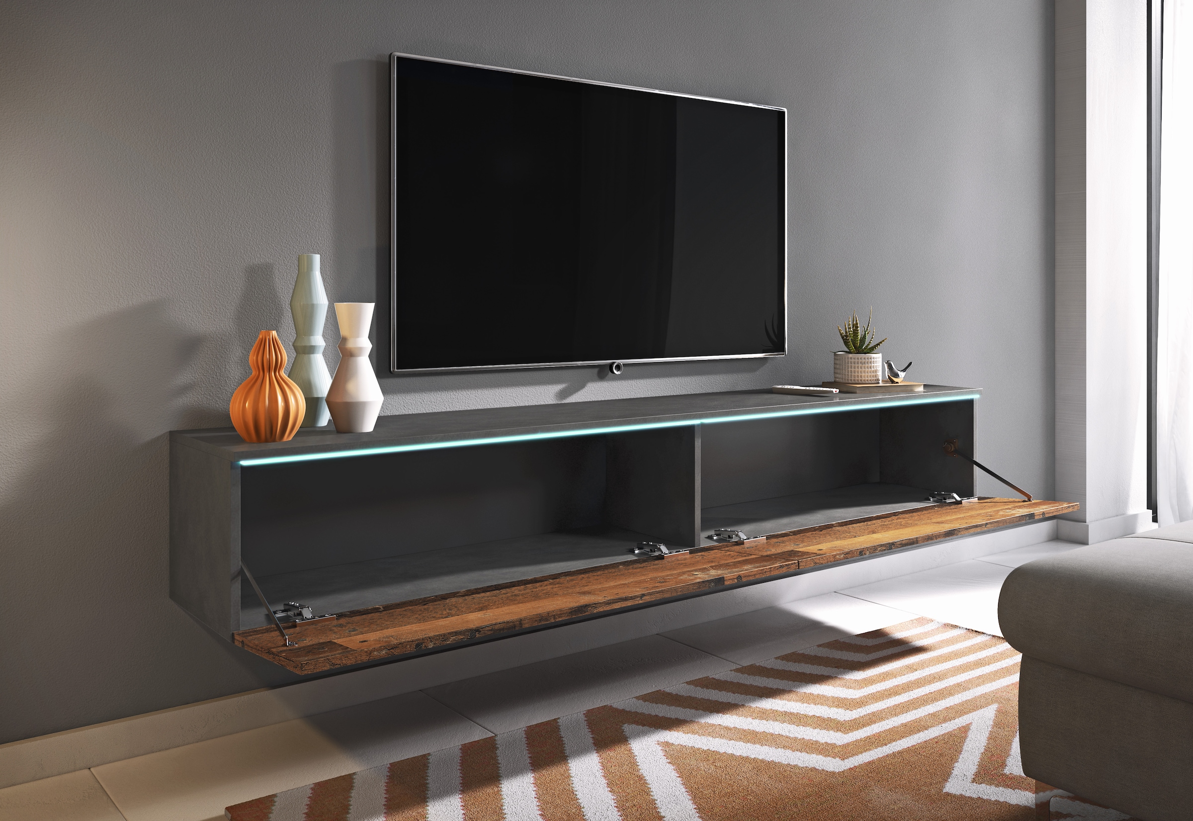INOSIGN Lowboard »LOWBOARD VERA, wahlweise mit oder ohne Beleuchtung«, Modernes griffloses TV-Board, 180 cm TV-Schrank, stehend und hängend