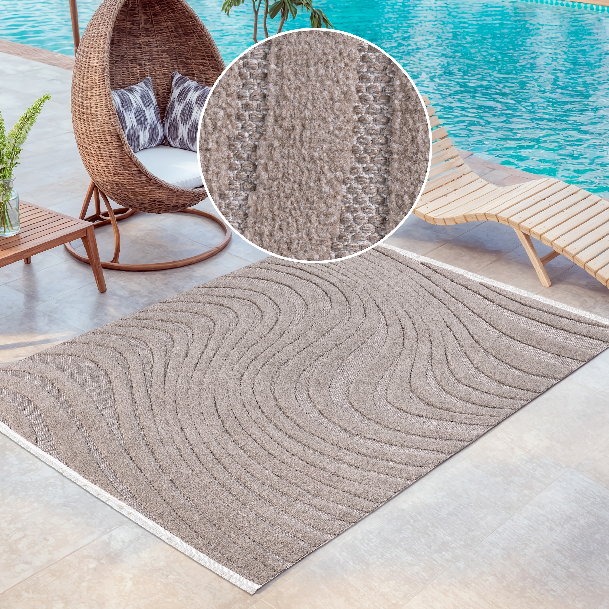 OTTO home Teppich »Samelia mit Fransen, Wellendesign, Balkon, Camping« rechteckig 6 mm Höhe Hoch-Tief-Struktur, In- und Outdoor geeignet für Küche oder Esszimmer