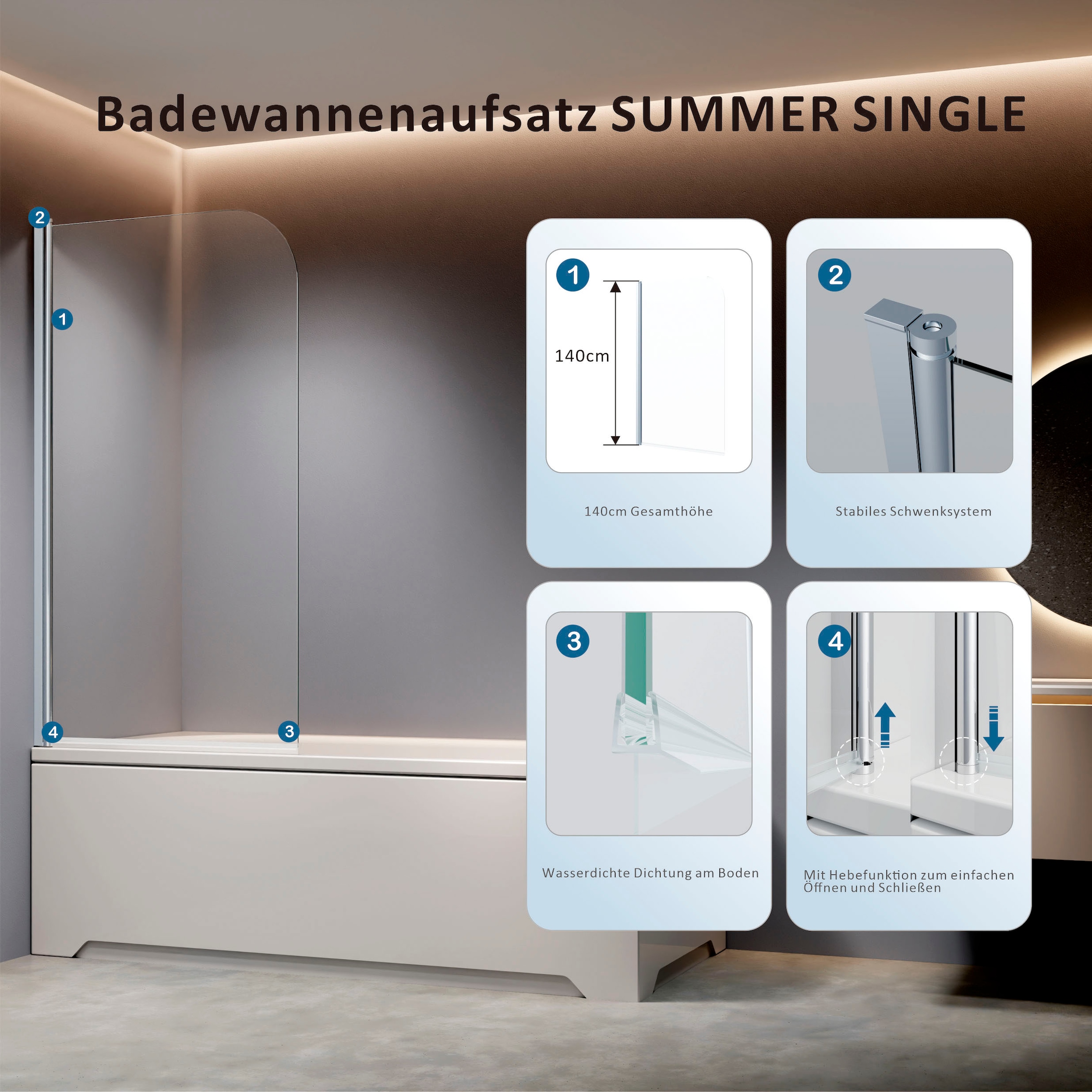 welltime Badewannenaufsatz »Summer Single foggy« Schwenkbarer Badewannenaufsatz mit satiniertem Glas (Milchglas)