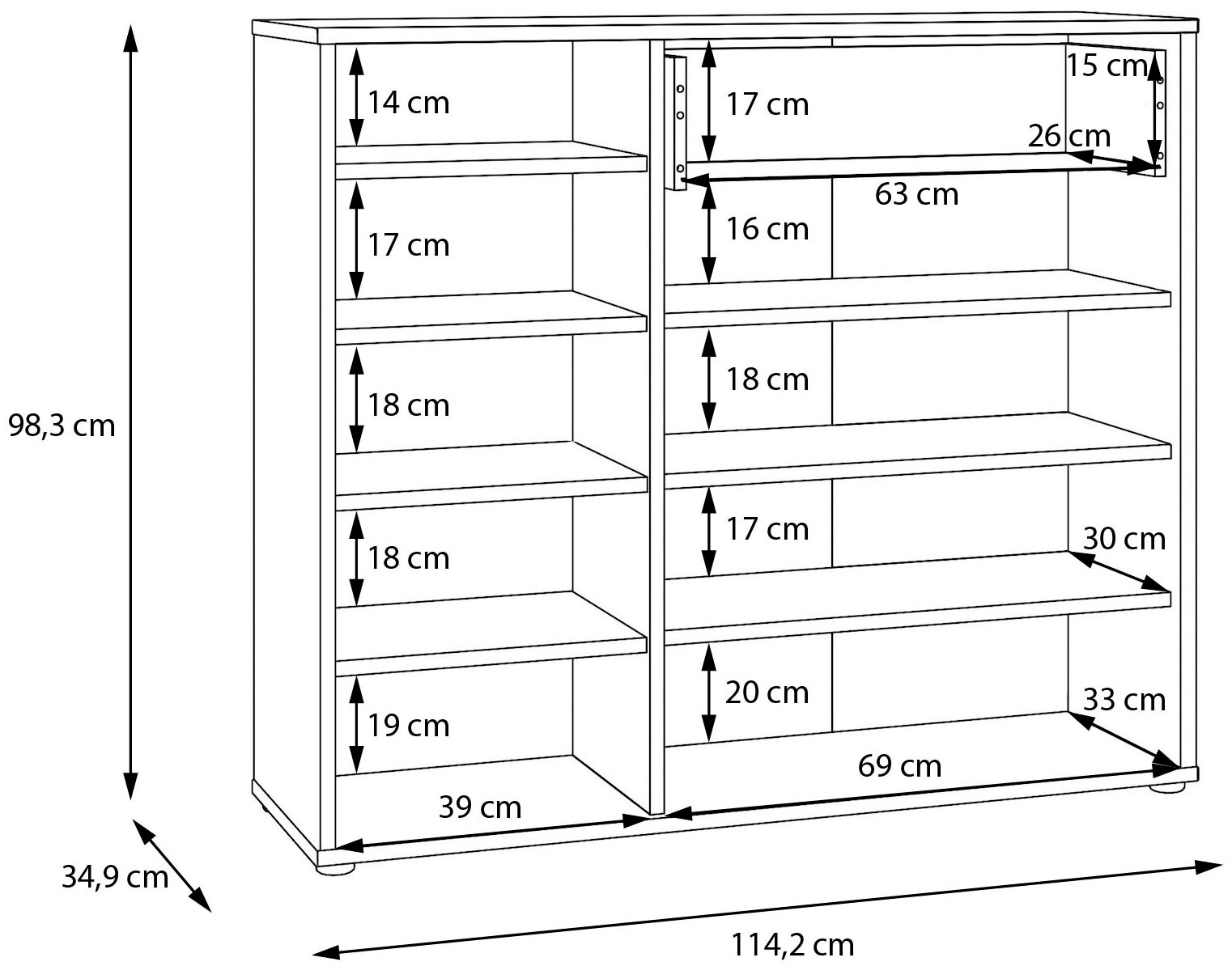 FORTE Schuhschrank Metallgriffe Schwarz B/H/T 113,4/98,3/34,9cm Soft Close, Vollauszug