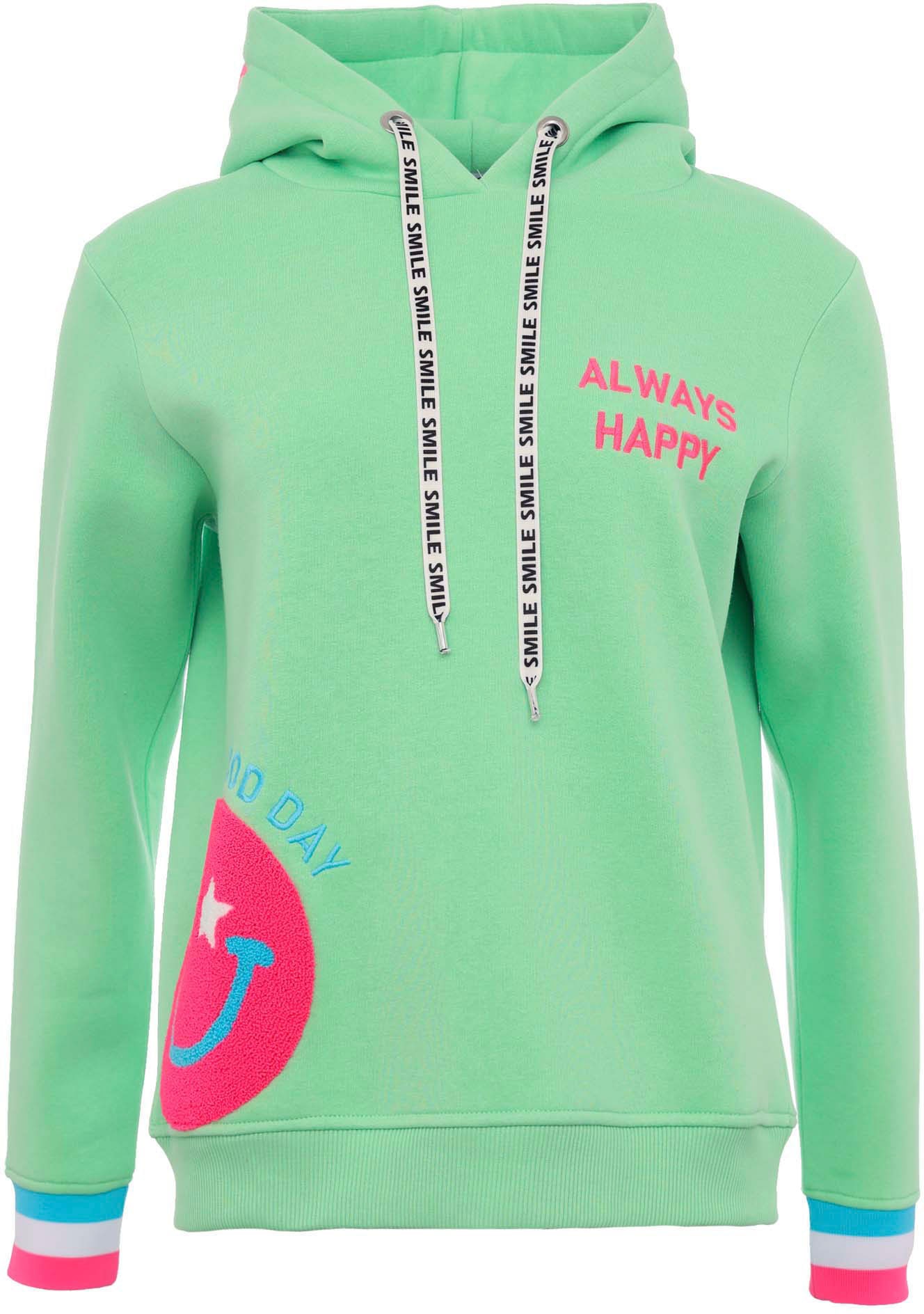 Zwillingsherz Hoodie »Always Happy«, mit Smiley Aufdruck aus Frottee und Neon Details