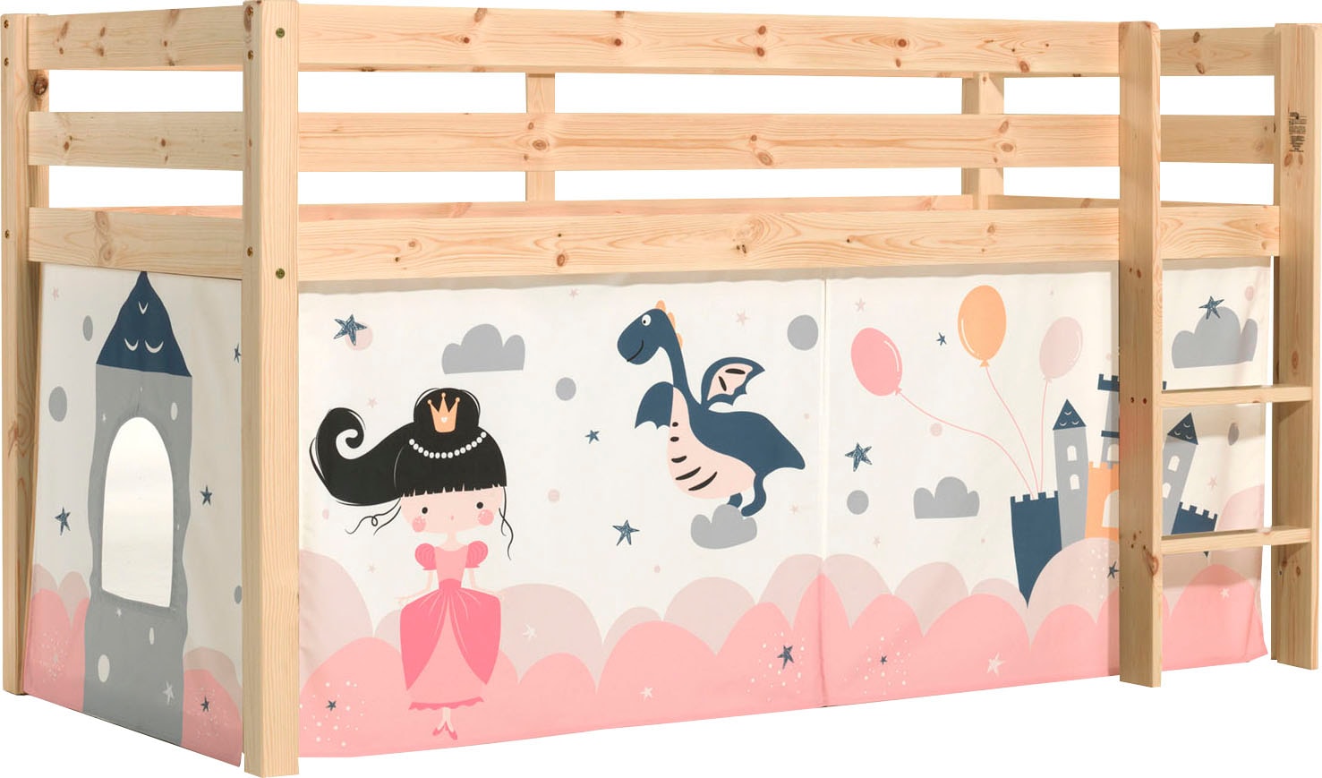 Vipack Spielbett »Pino, Kiefer massiv, mit Rolllattenrost u. Textil-Set, Made in Europe«, (B/H/T ca. 210x114x106cm, mit Leiter und Absturzschutz), verschiedene Textil Dessins, 3 Gestellfarben zur Wahl