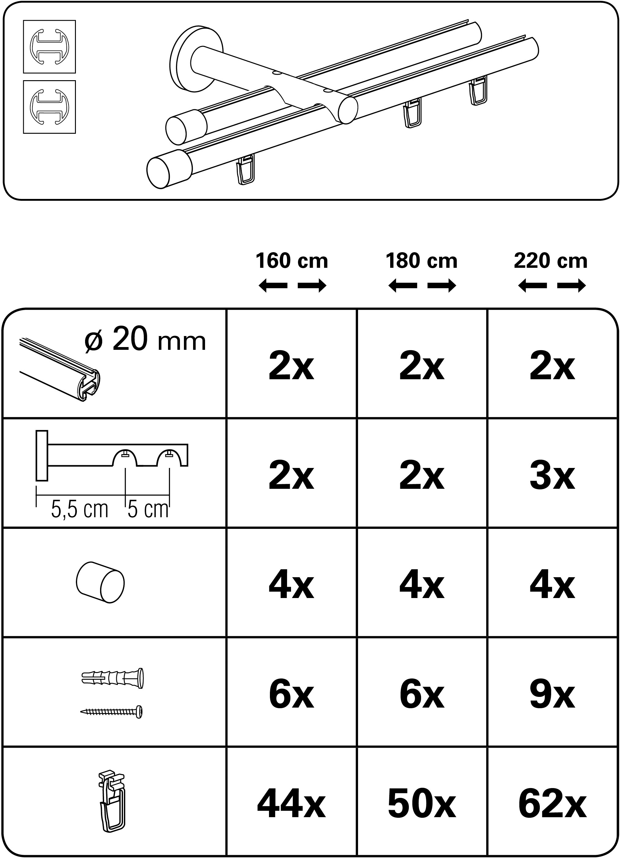 GARDINIA Gardinenstange »Set Isa 2-Lauf mit Innenlauf II Ø 20 mm«, 1 läufig-läufig, Fixmaß, 2-Lauf