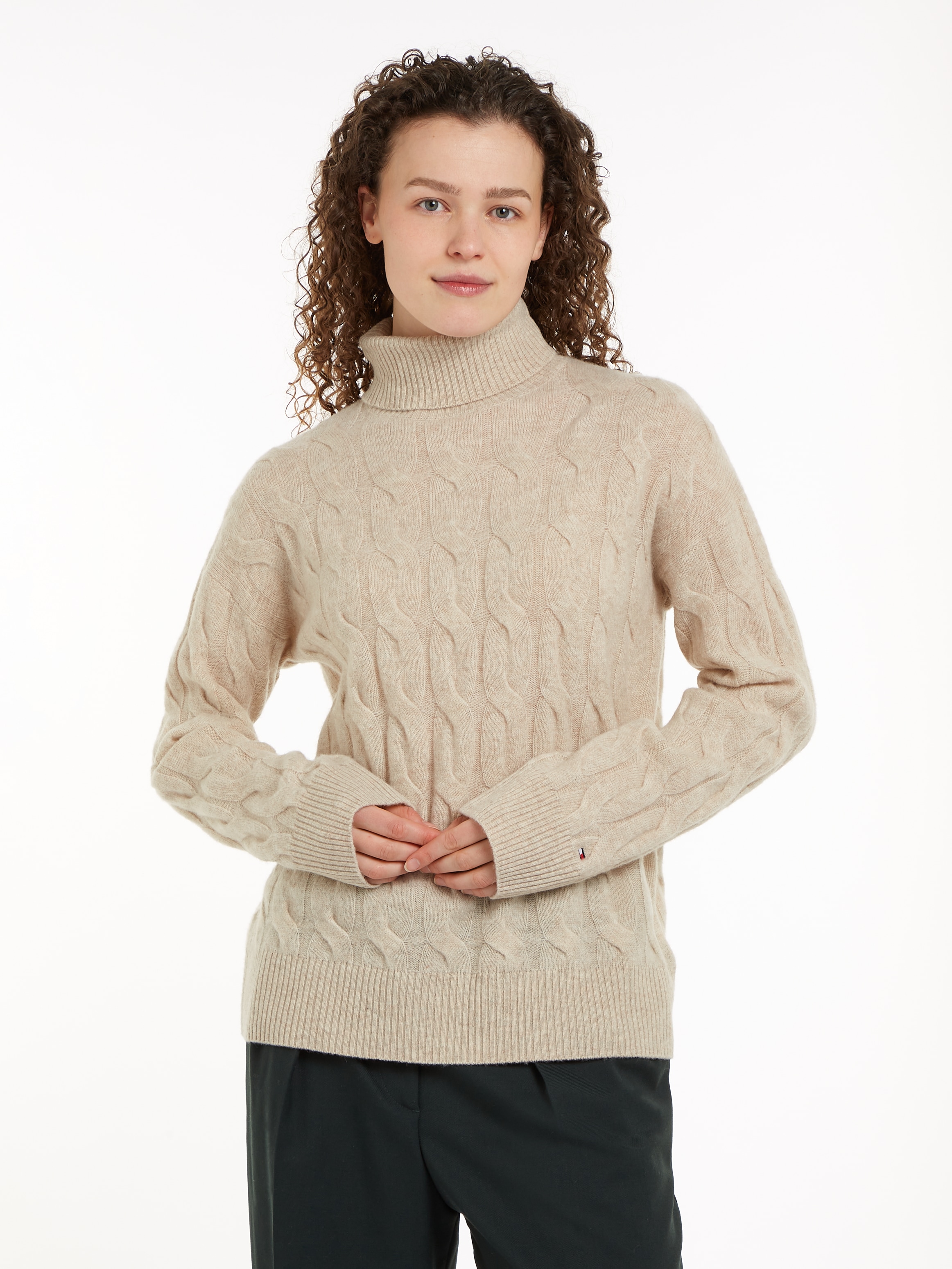 Rollkragenpullover »SOFT WOOL CABLE ROLL-NK SWEATER«, mit Logostickerei, allover...