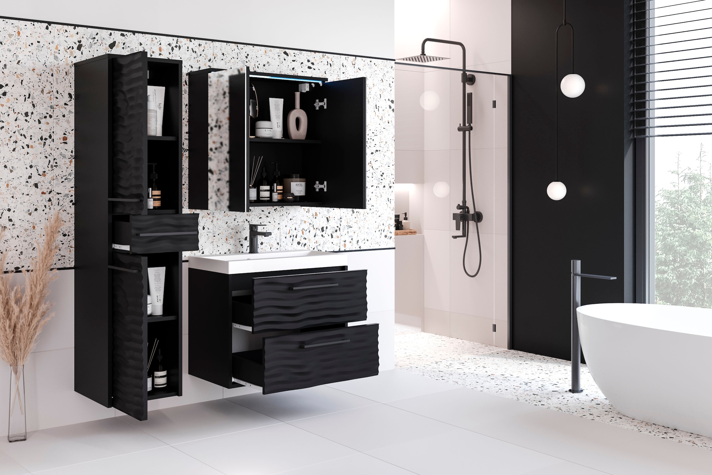 welltime Badmöbel-Set »Canada - Fronten mit Wellenstruktur« Komplett-Set, Fronten mit Wellenstruktur, 3 Stk. tlg.