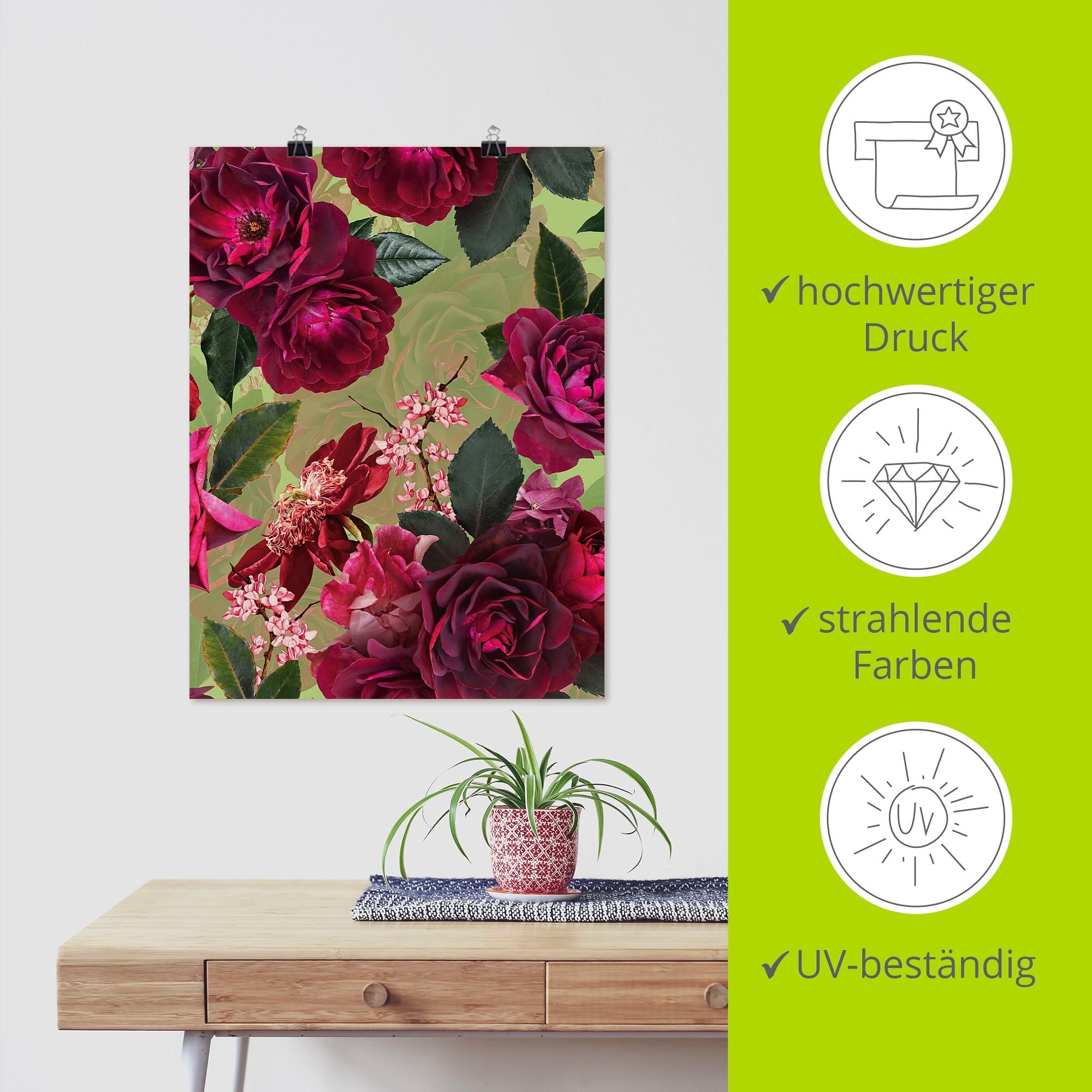 Artland Wandbild »Dunkle Rosen auf Grün«, Blumenbilder, (1 St.), als Alubild, Outdoorbild, Leinwandbild, Poster, Wandaufkleber
