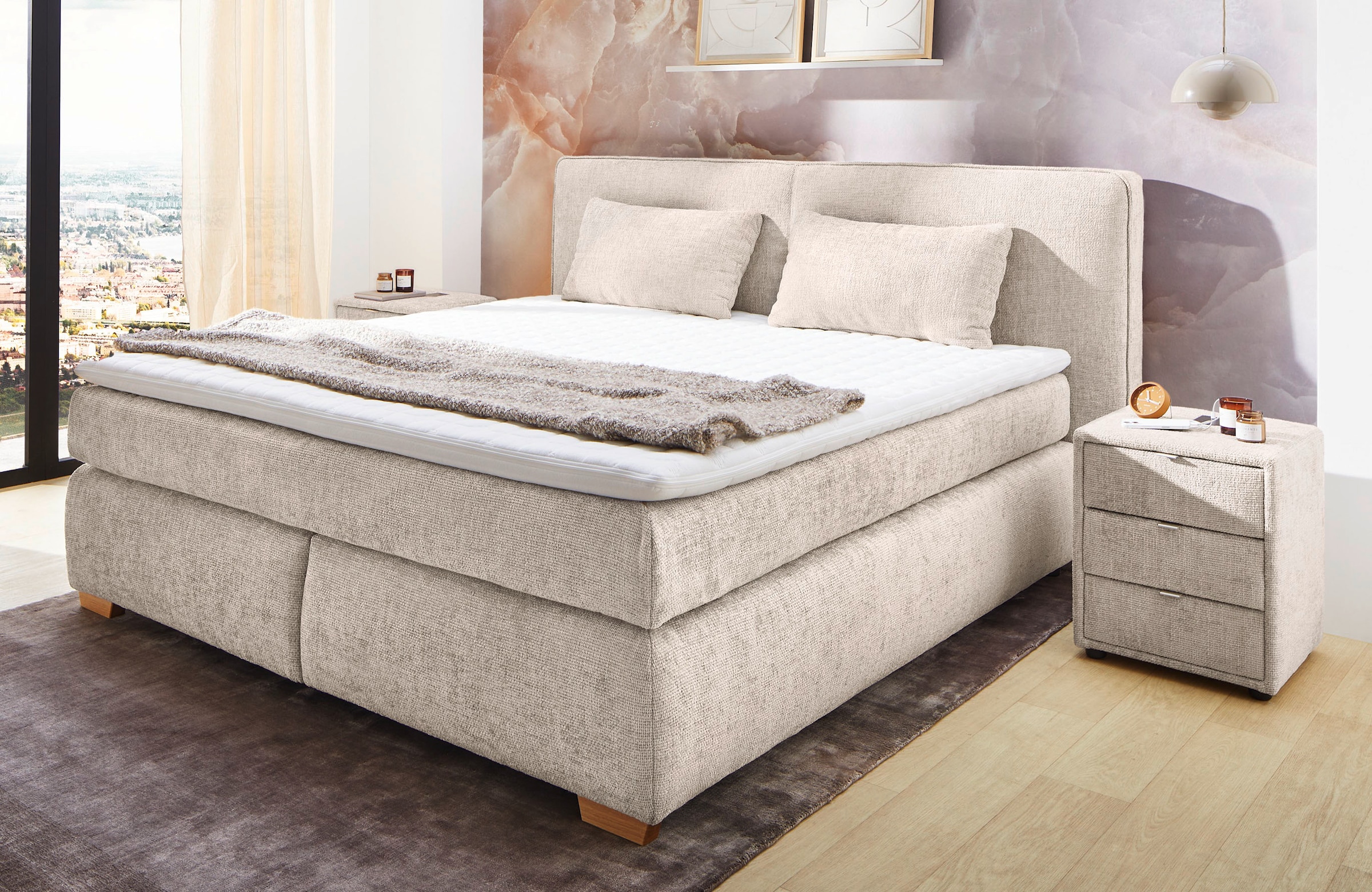 Jockenhöfer Gruppe Boxspringbett »Valentina in der Breite 180cm, beige, extra dickes Kopfteil mit Keder« 7-Zonen-TTFK-Matratzen, Visco-Topper, verschiedene Härtegrade wählbar