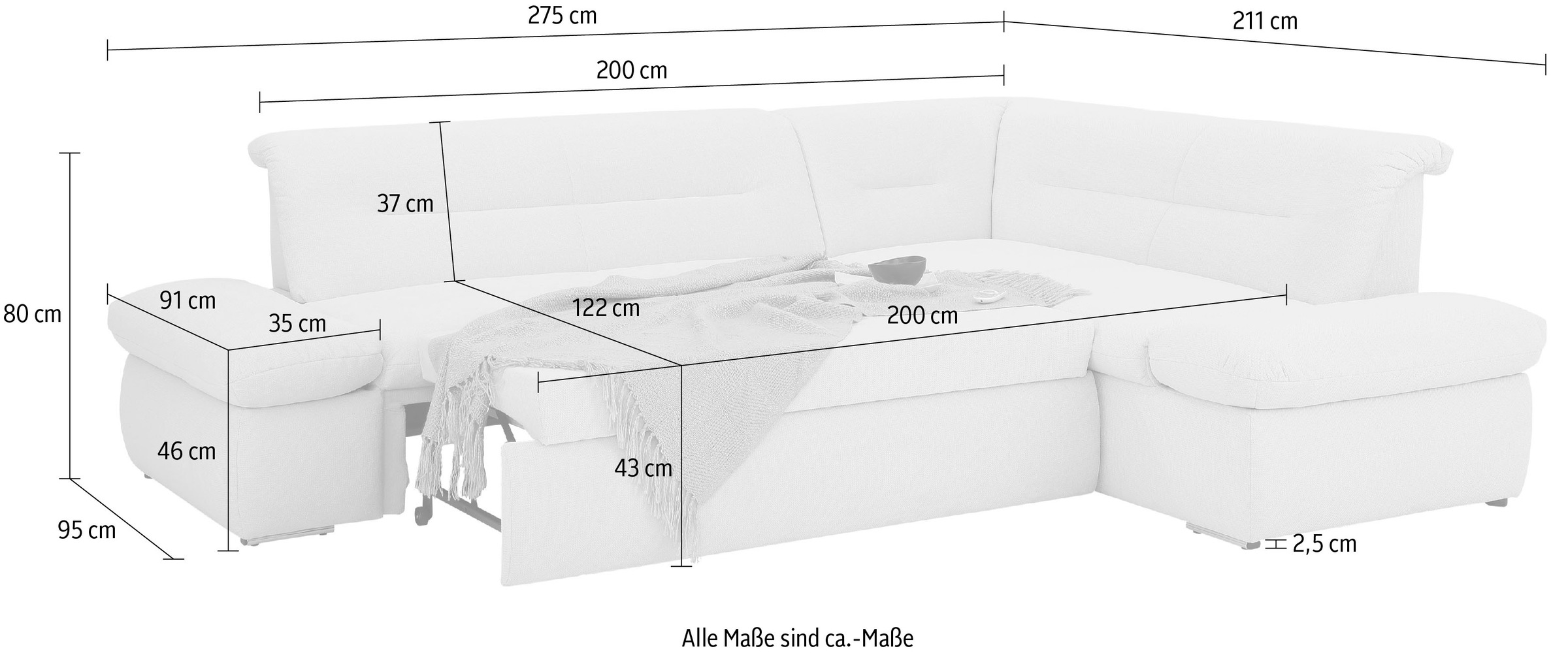 INOSIGN Ecksofa »Avesa L-Form«, Wahlweise mit Arm- und Bettfunktion, B/T/H: 275/211/80 cm