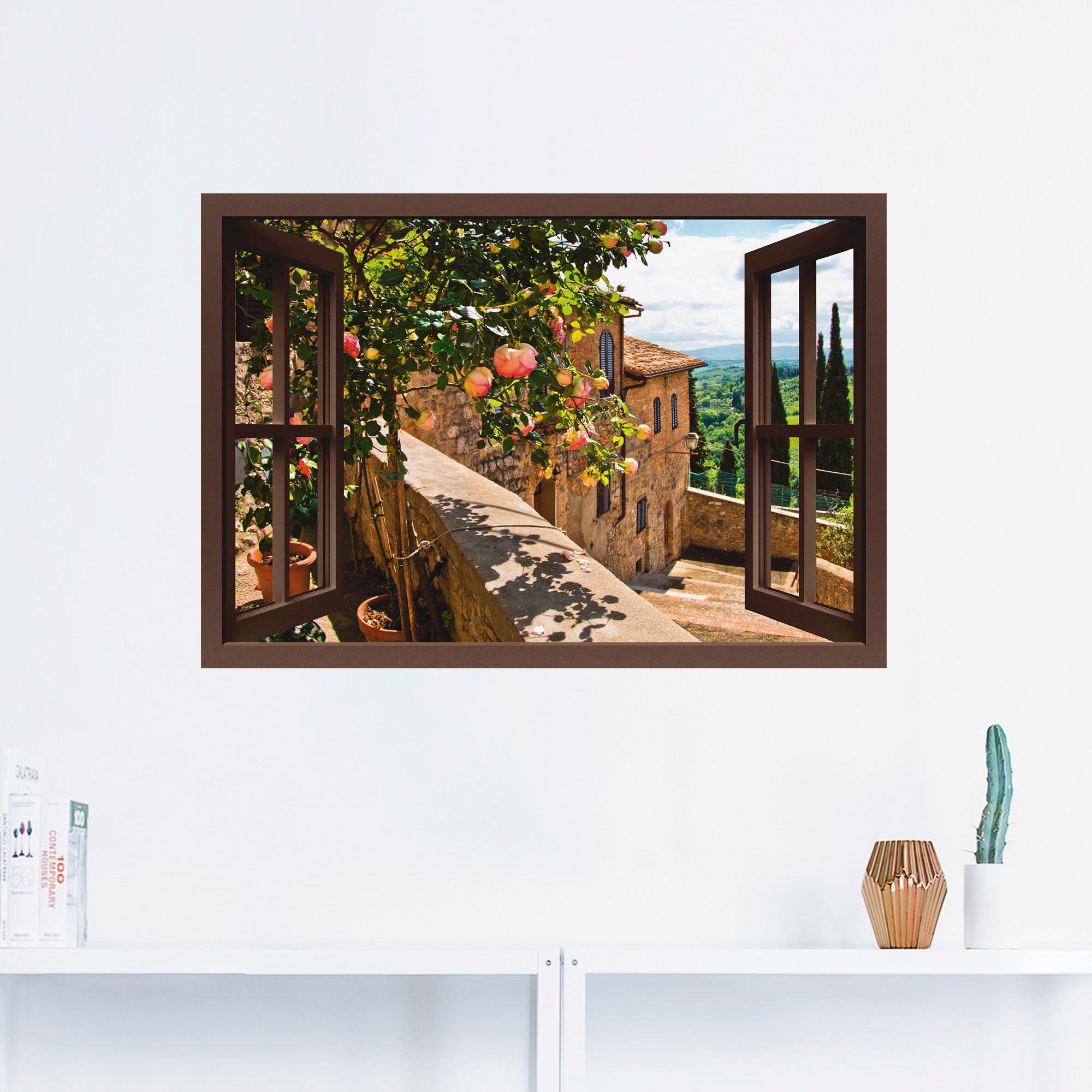 Artland Wandbild »Fensterblick Rosen auf Balkon Toskana«, Garten, (1 St.), als Alubild, Outdoorbild, Leinwandbild, Poster, Wandaufkleber