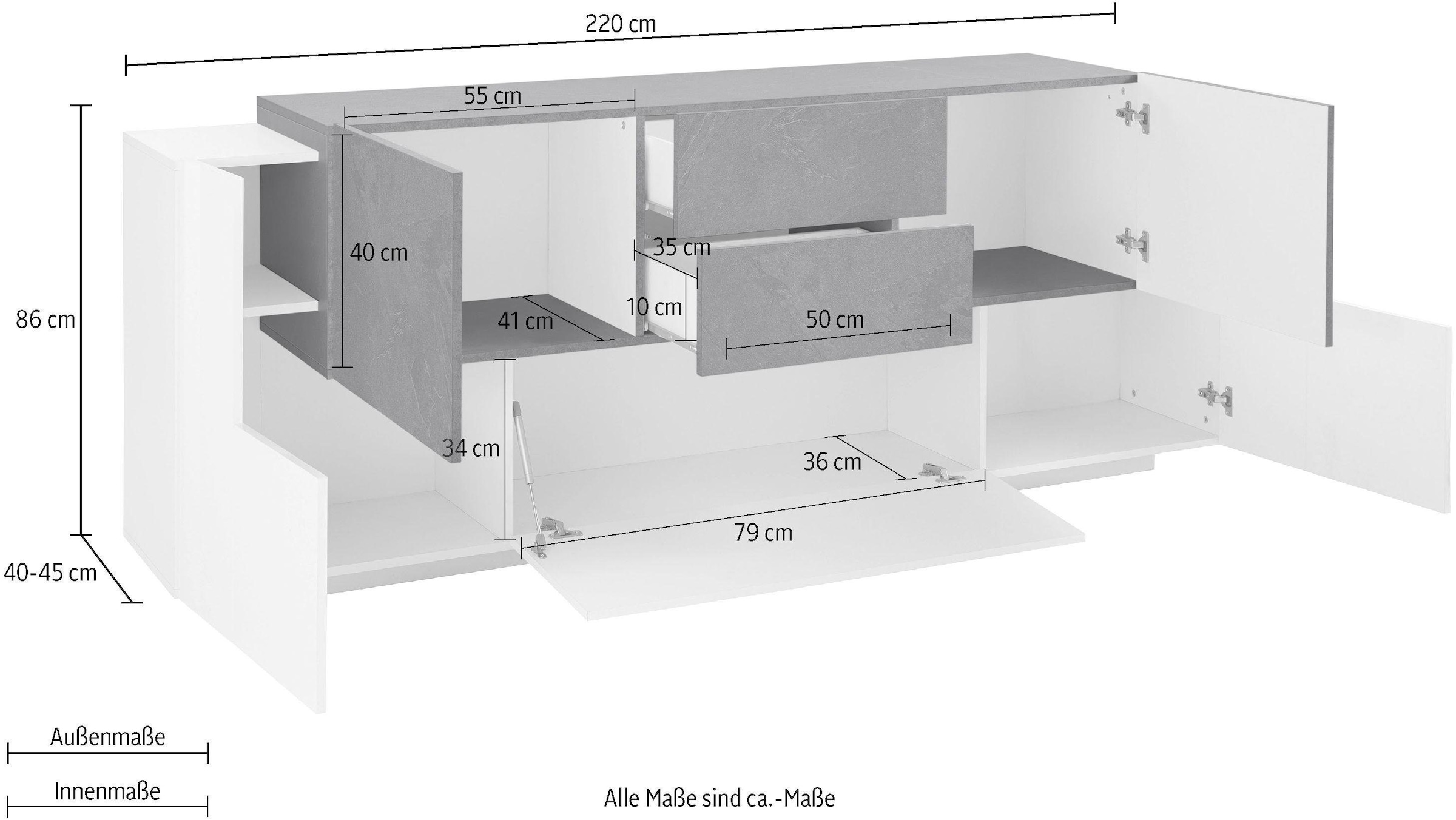 INOSIGN Sideboard »Coro, Kommode, Schrank, Kredenz, grifflos mit Einlegeböden«, 1 Klappe,4 Türen,2 Schubkästen Doppeltiefe, Breite 220