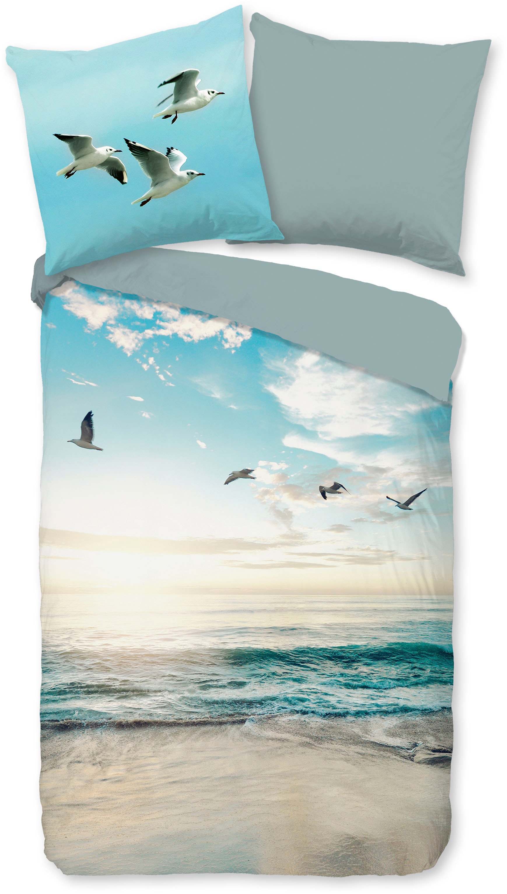 good morning Wendebettwäsche »Brisa«, 100% Baumwolle, Renforcé, Reißverschluss, Wendeoptik, Strand, Aqua