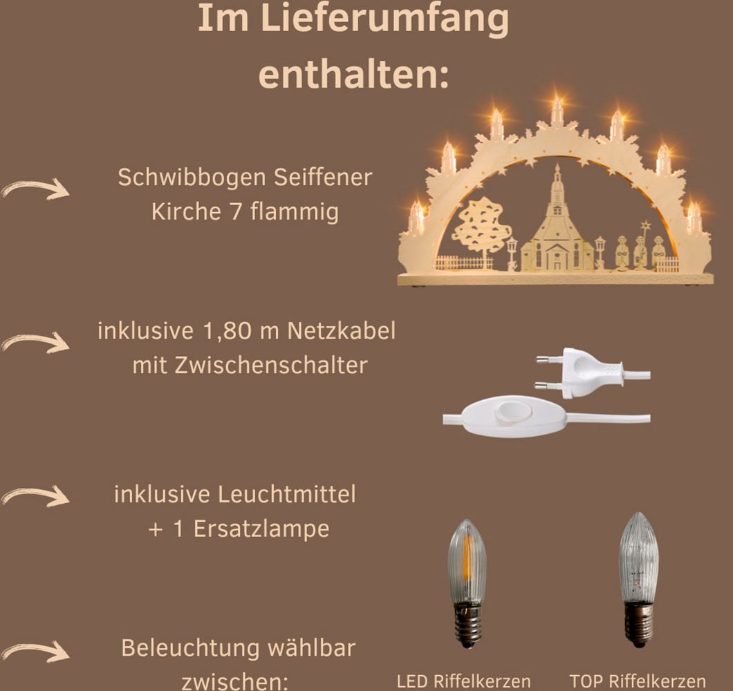 Weigla LED Schwibbogen »Seiffener Kirche, Lichterbogen aus Holz, NATUR«, Erzgebirge garantiert, Weihnachtsdeko Innen, Weihnachtsbeleuchtung