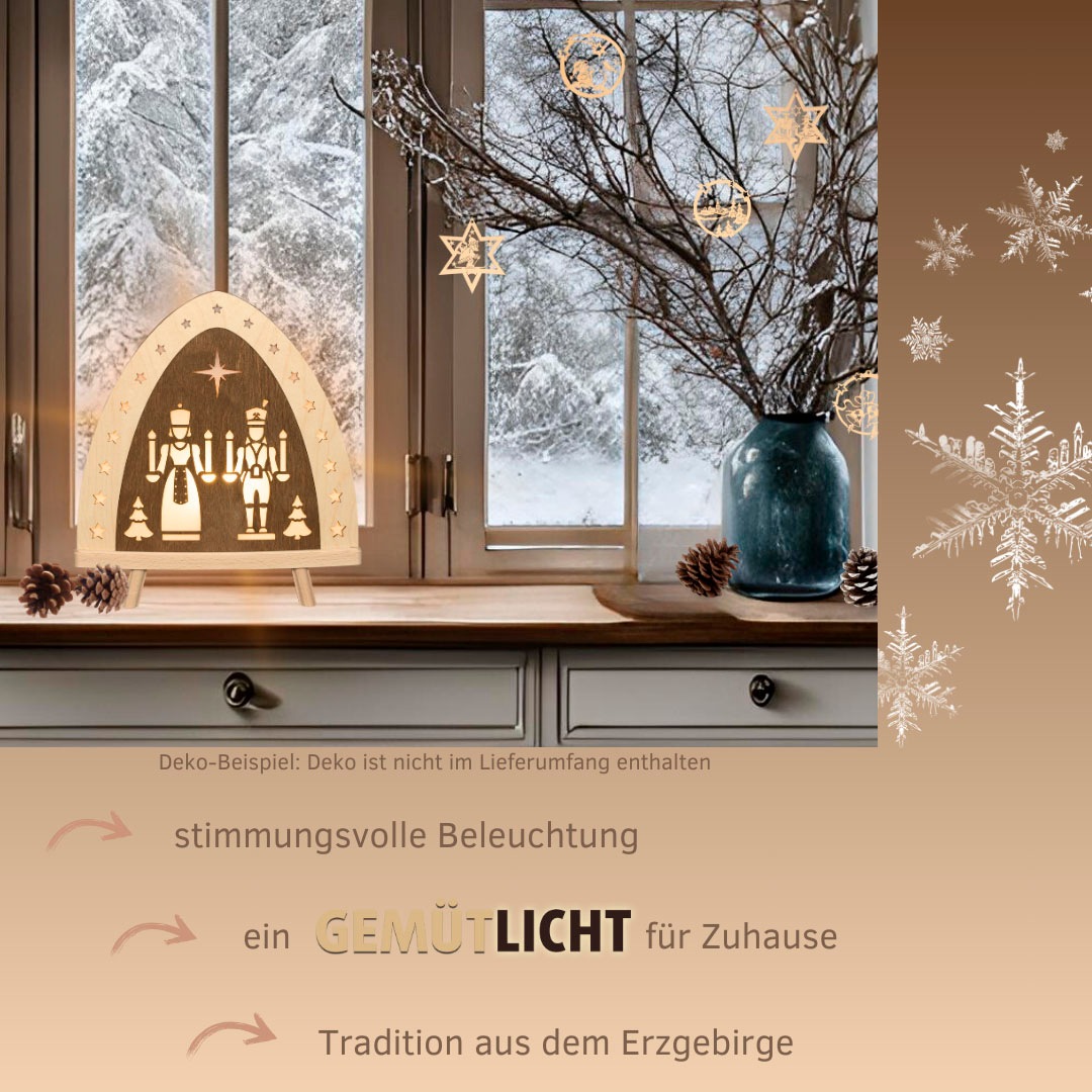 Weigla LED Lichterbogen »Engel und Bergmann, Dekoleuchte aus Holz, NATUR-BRAUN, Made in Germany« 1 Stk. Erzgebirge garantiert, Weihnachtsdeko Innen, Weihnachtsbeleuchtung