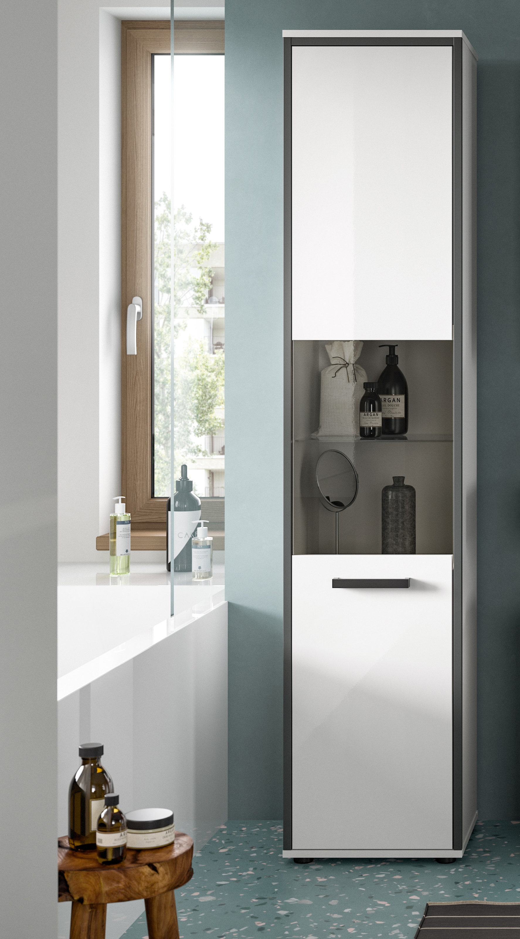 welltime Hochschrank »KAJO, hochglanz Front, Glastür, 1 Glas Einlegeboden, 6 Fächer« 1 Stk. tlg. Badschrank, Hochschrank, Bad, Badezimmer