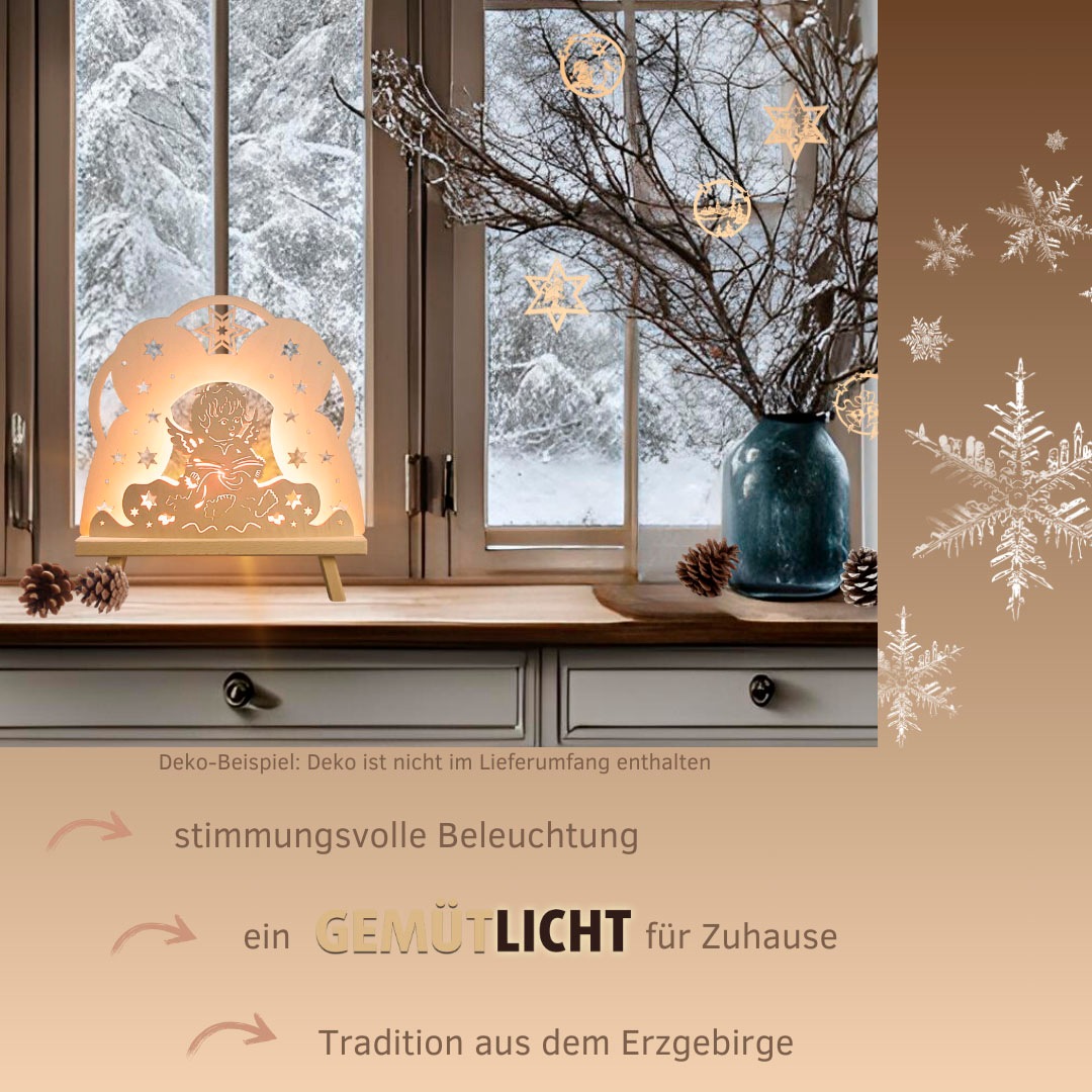 Weigla Lichterbogen »Engel in Wolke, Dekoleuchte aus Holz, NATUR«, Erzgebirge garantiert, Weihnachtsdeko Innen, Weihnachtsbeleuchtung