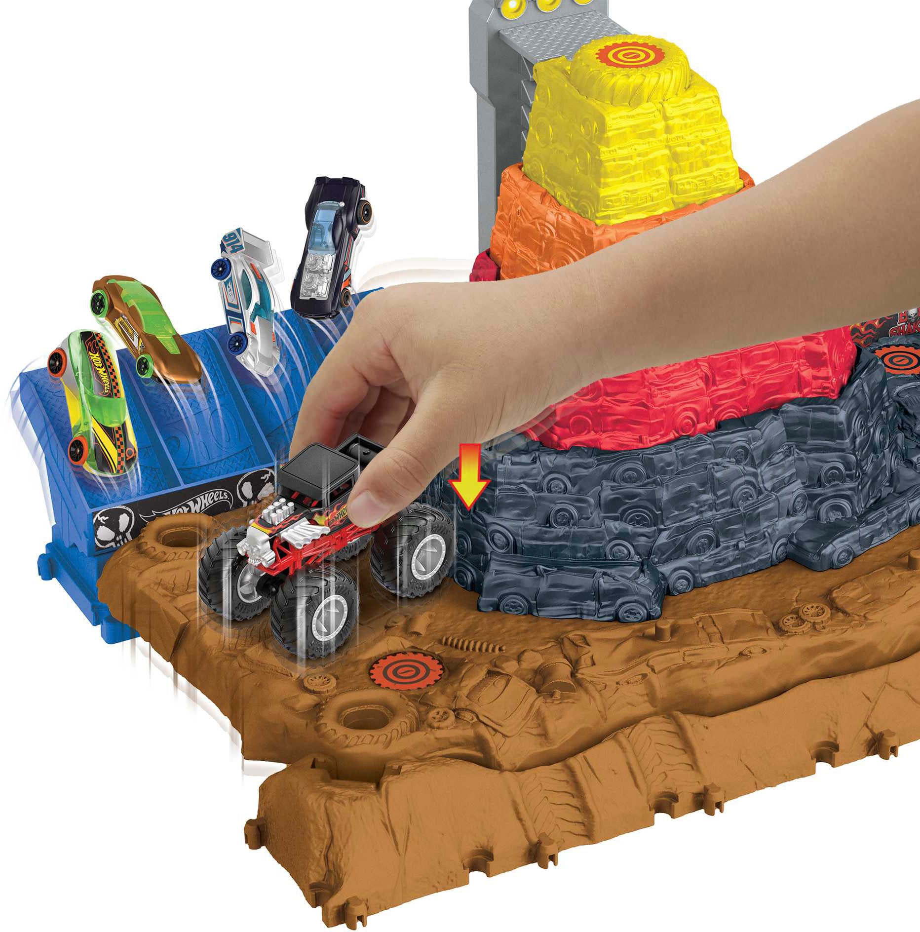 1 Spielzeug-Auto »Monster 1:64« Wheels Shakers Hot Trucks Bone Spiel-Parkhaus bei Schrottplatz,