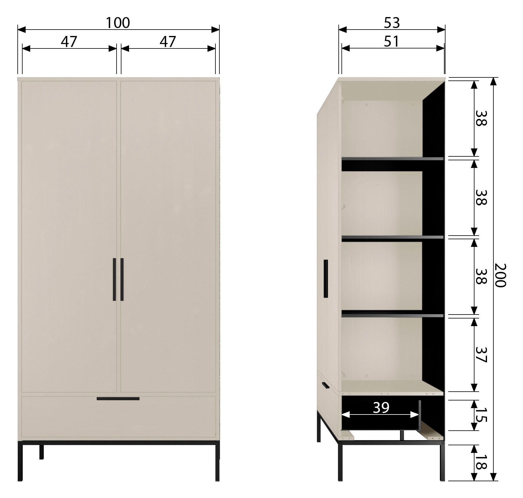 WOOOD Mehrzweckschrank »Adam FSC®-Kiefernholz mit Metallgestell H 200 x B 100 x T 53 cm« Tragkraft 15 kg pro Boden, Kleiderstange 10 kg, Einfach zu montierbar