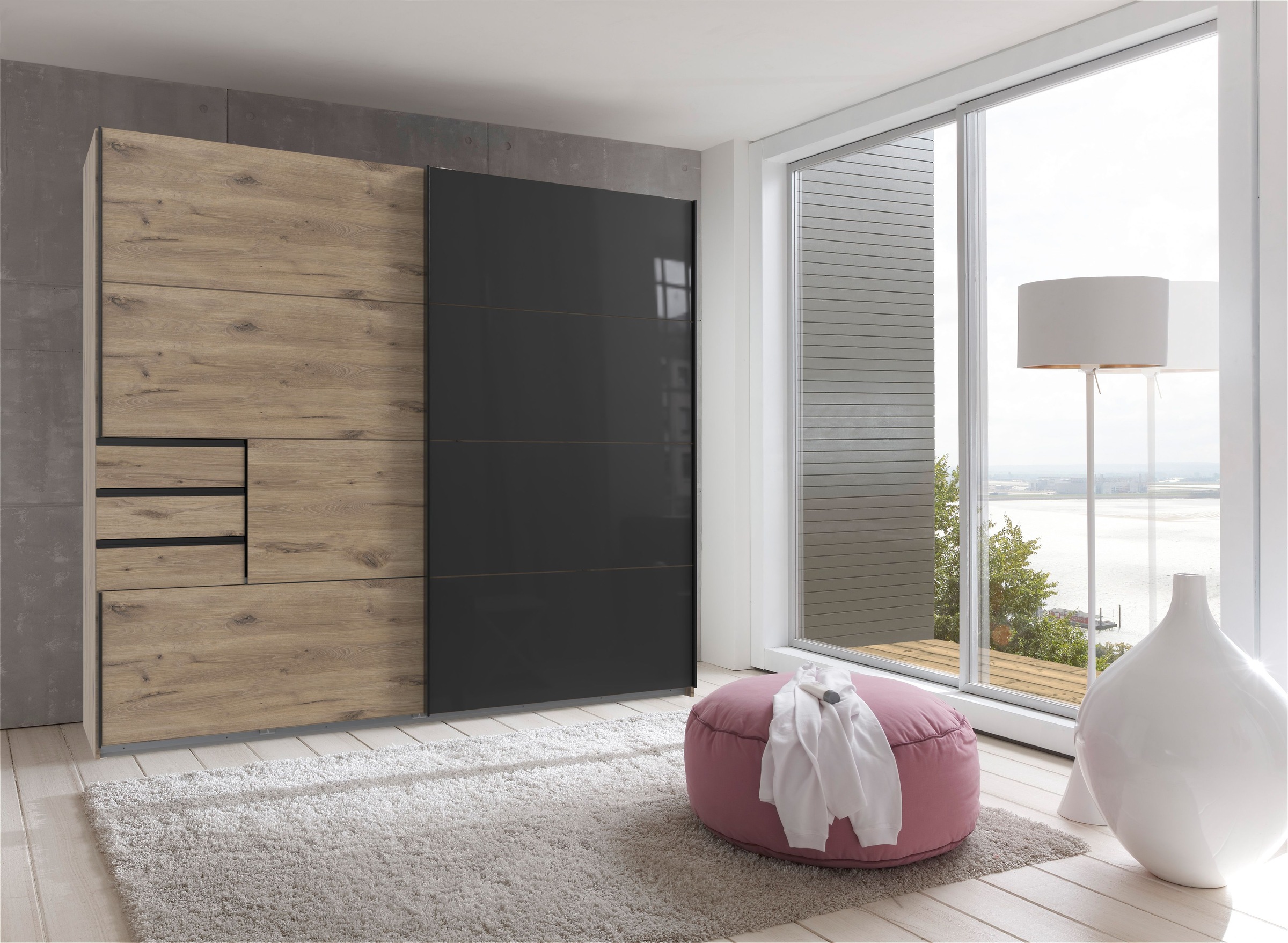Wimex Schwebetürenschrank »Leonberg, Kleiderschrank mit 3 Schubladen«, mit graphitfb.Glasfront, 225cm breit, 208cm hoch