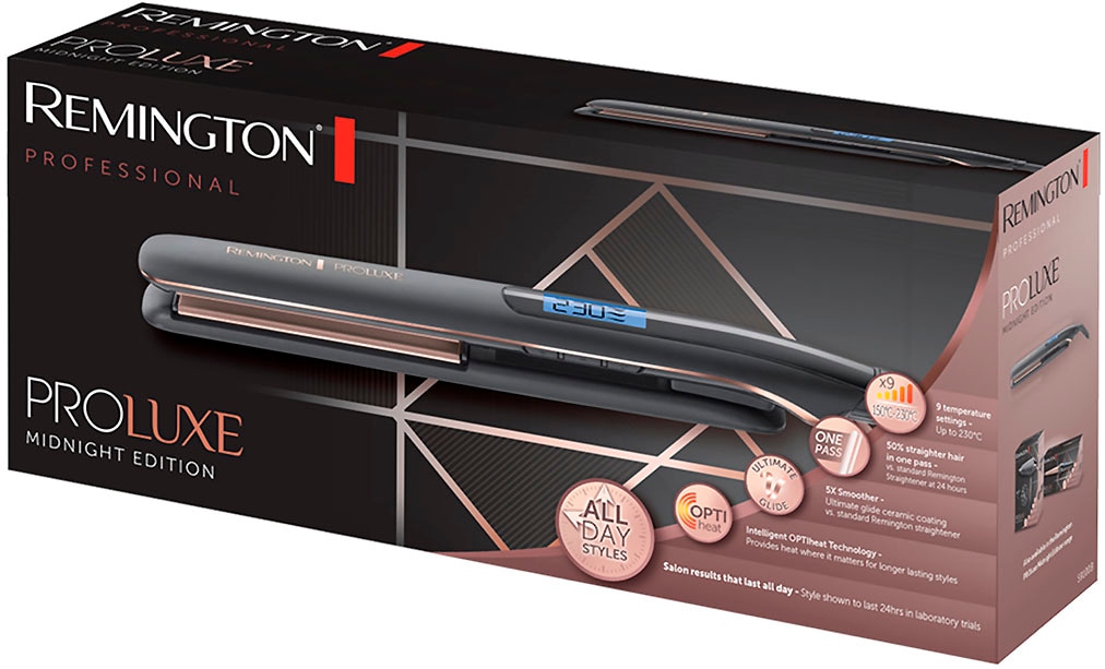 Remington Glätteisen »S9100B E51 PROluxe Midnight«, Ultimate-Glide-Keramik-Beschichtung, OPTIheat-Technologie, LCD display, 110mm lange Keramikstylingplatten