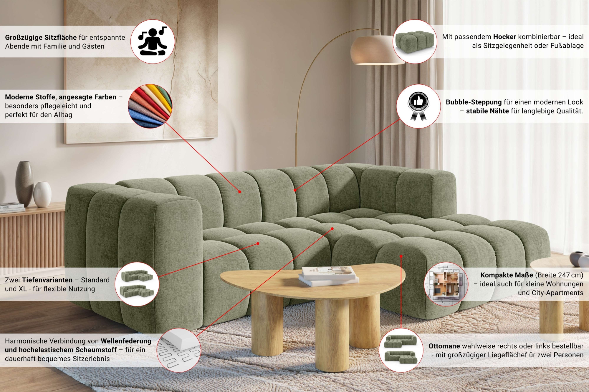 homsy by Ana Johnson Ecksofa »»L« BOUBELLE L-Form, Design-Sofa, Bubble-Optik, Breite 247 cm« hoher Sitzkomfort dank Wellenunterfederung, L Sitztiefe 63 cm