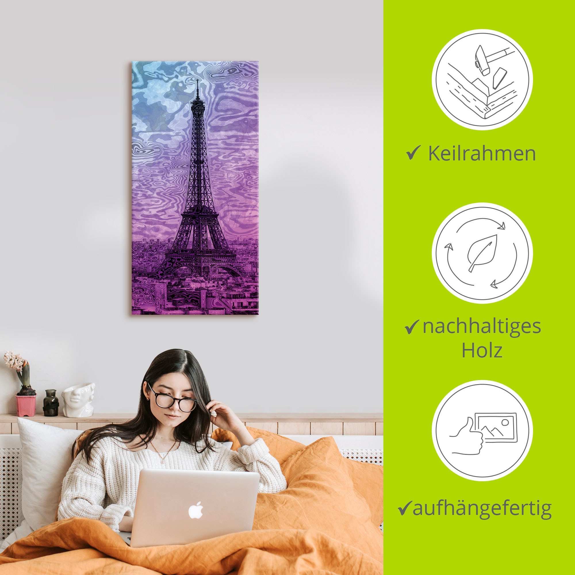 Artland Leinwandbild »Paris Eiffelturm Lila/Blau« Gebäude 1 Stk. tlg. auf Holzrahmen gespannt