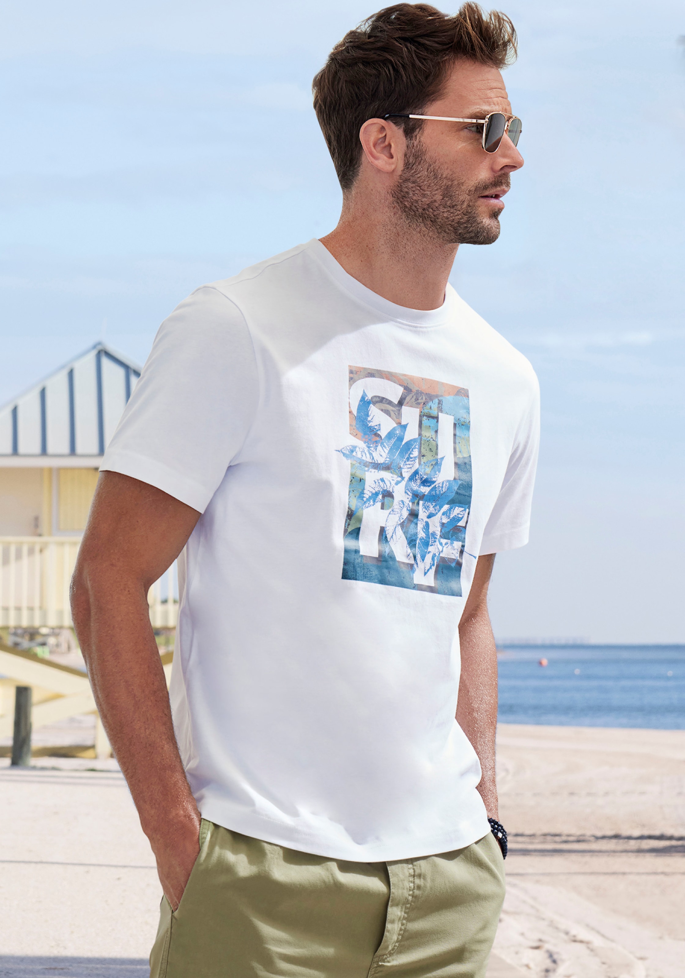 John Devin T-Shirt, Rundhalsshirt mit Surf -Aufdruck aus reiner Baumwolle