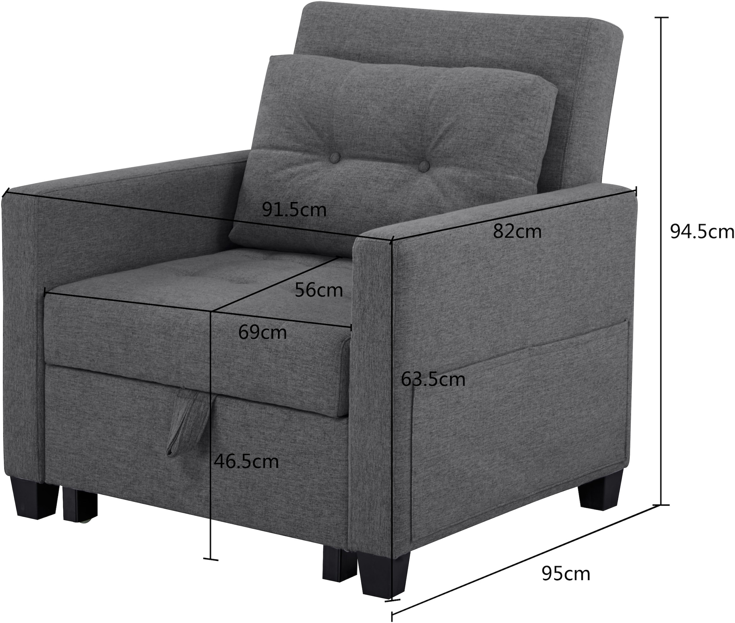 OTTO home Sessel »TYLLI, 91 cm, wandelbar zum Gästebett, Schlafliege, klappbar« verstellbarer Rückenlehne, Klappmechanismus, Webstoff