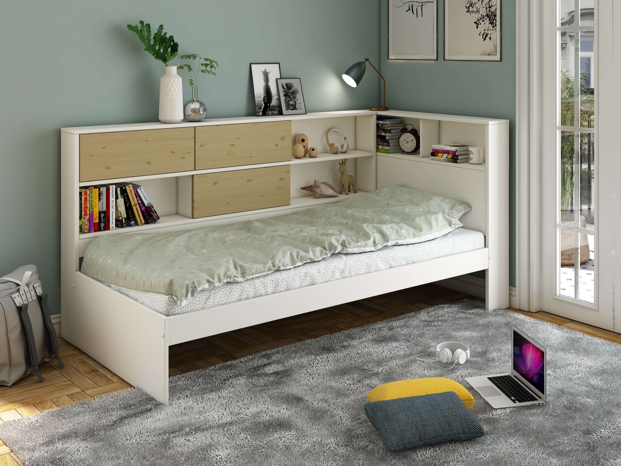 Home affaire Stauraumbett »Amance, Massivholz mit MDF, viel Stauraum, ideal für kleine Räume«, (Außenmaße B/T/H: 110,2/220,1/106,9 cm), FSC® zertifiziert, inklusive Lattenrost, Made in EU