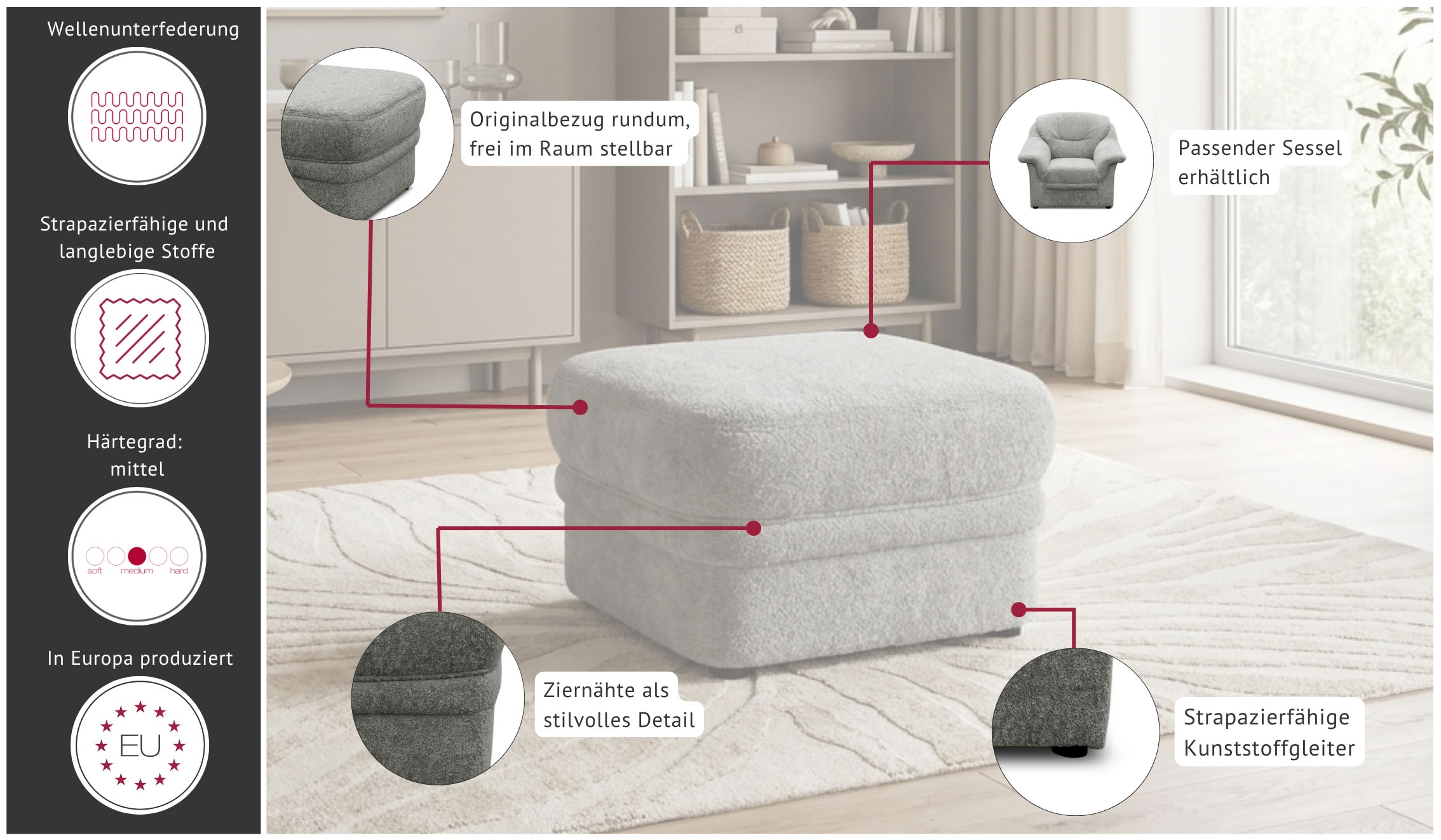 OTTO home Hocker »Nyborrg 60 cm, formschönes Design für ein modernes Zuhause« Polsterhocker passend zum Sofa, Breite 60 cm, individuell kombinieren