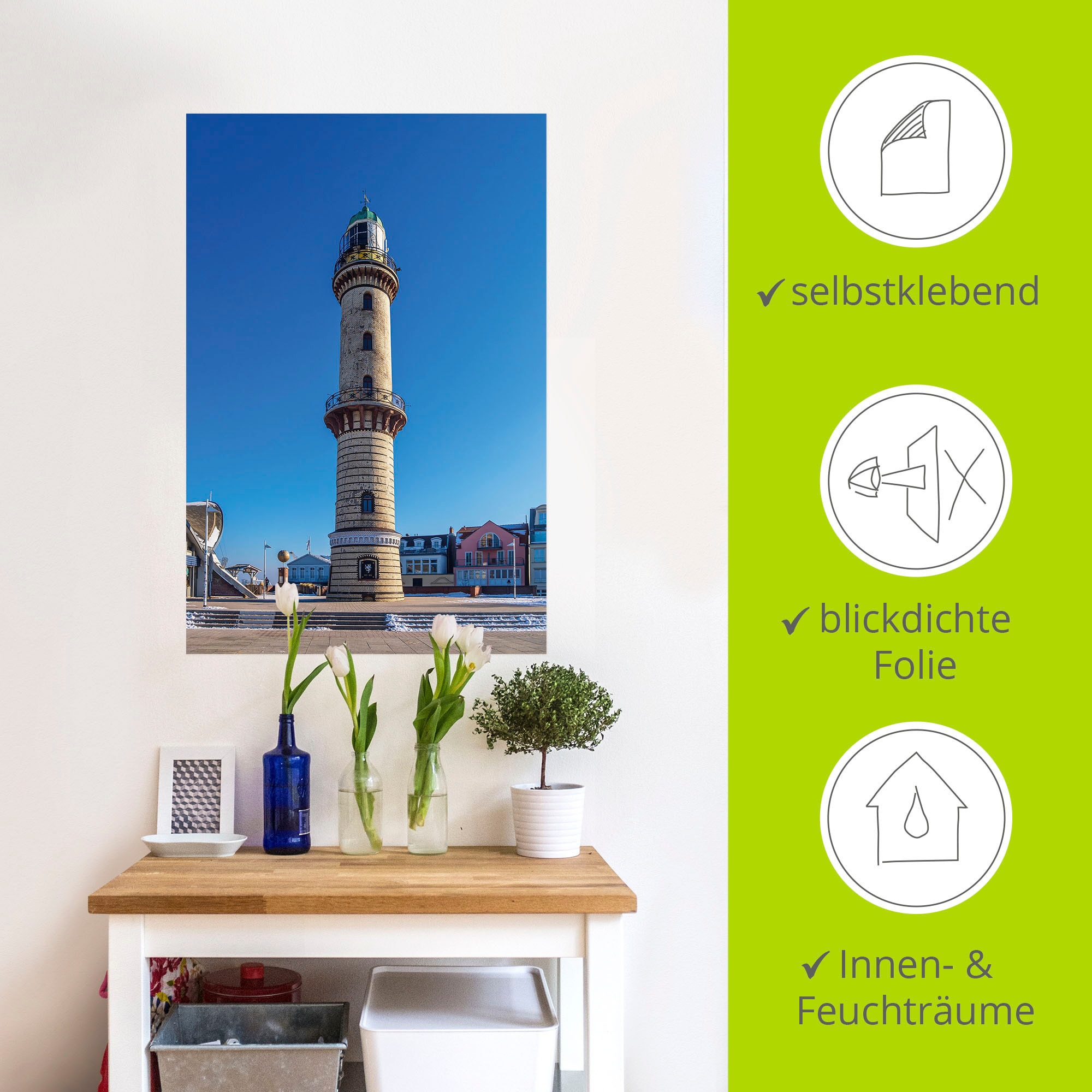 Artland Wandbild »Leuchtturm in Warnemünde im Winter«, Gebäude, (1 St.), als Alubild, Leinwandbild, Wandaufkleber oder Poster in versch. Größen