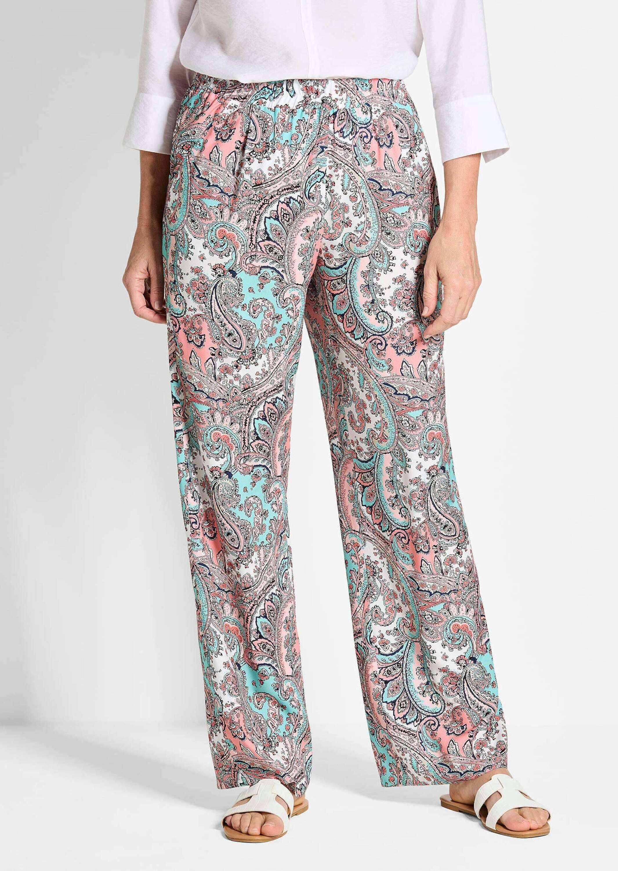GOLDNER Stoffhose »Kurzgröße Lange Viskose Schlupfhose mit Paisley-Print und weitem Bein«