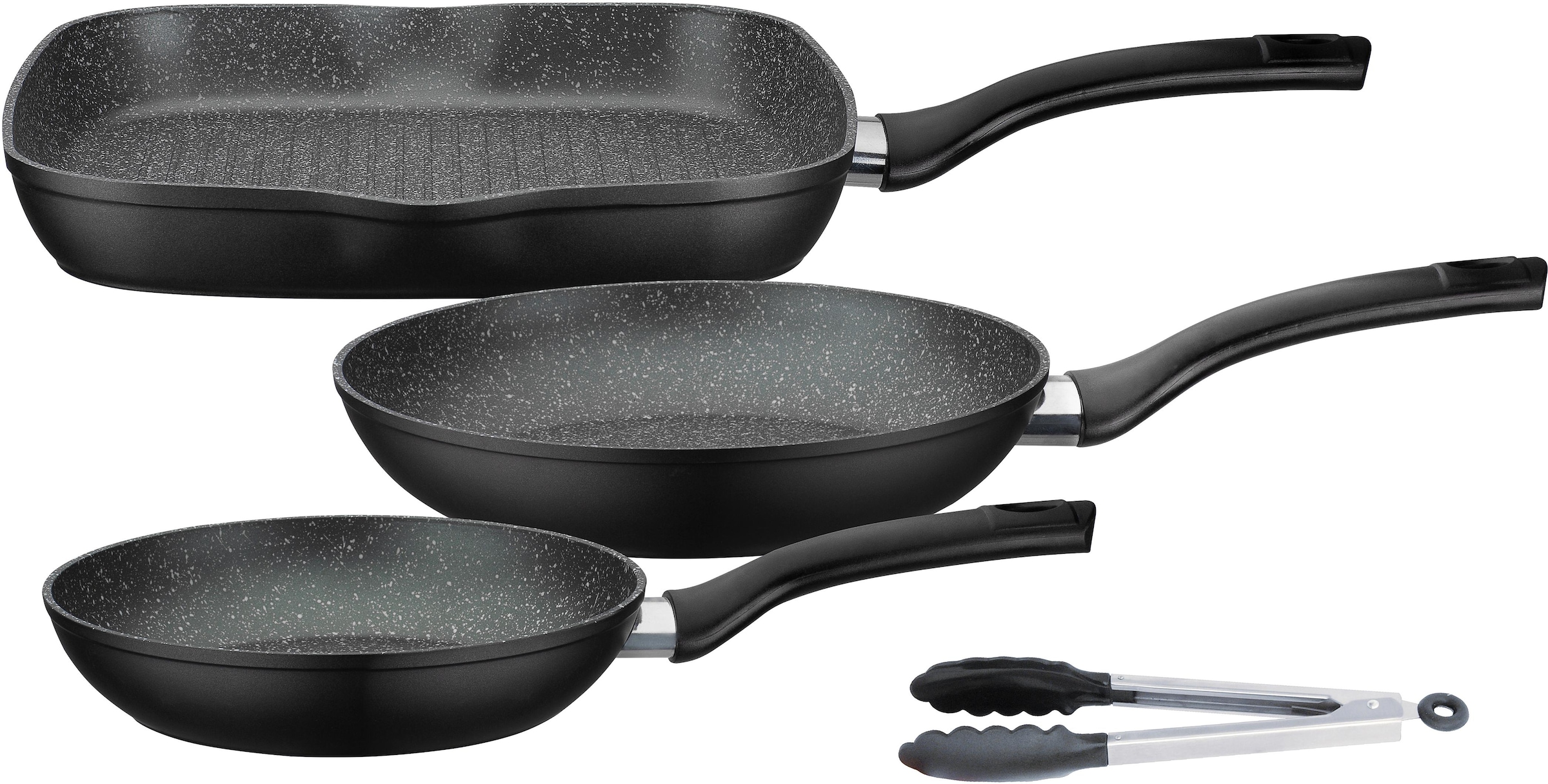 GSW Pfannen-Set »Gourmet Granit«, Aluminium, (Set, 4 tlg., 1x Bratpfanne Ø 20 cm, 1x Bratpfanne Ø 24 cm, 1x Grillpfanne Ø 28 cm), Induktion