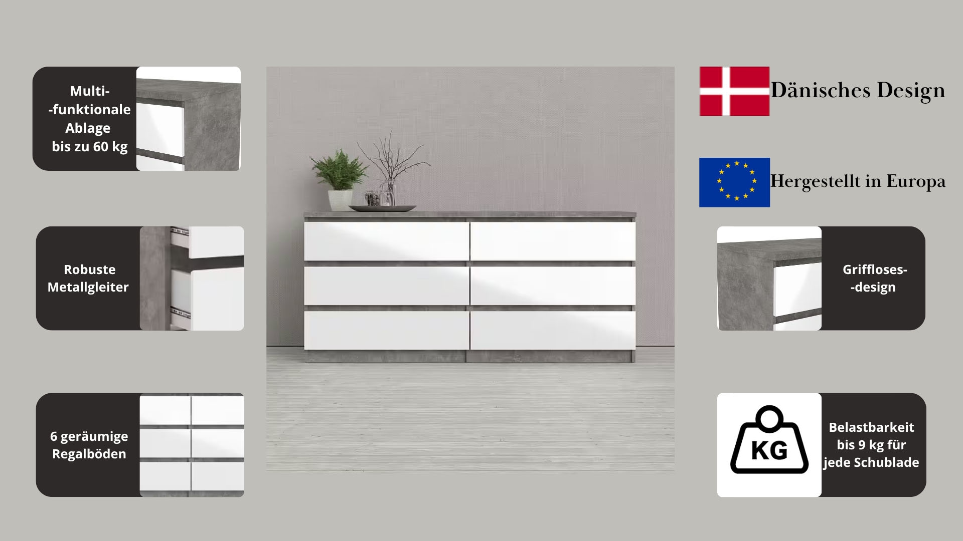 INOSIGN Kommode »Naia, Aufbewahrung, 6 Schubladen, Hochglanz-Optik, grifflose Front« Modern, skandinavisches Design, in mehrere Farben, Metallgleiter