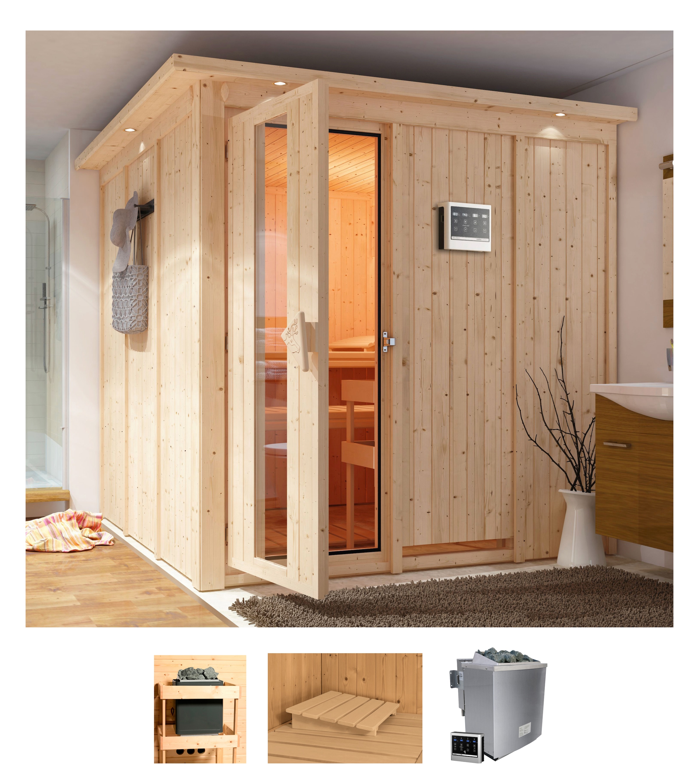 Sauna »Romina«, (Set), 9-kW-Bio-Ofen mit externer Steuerung