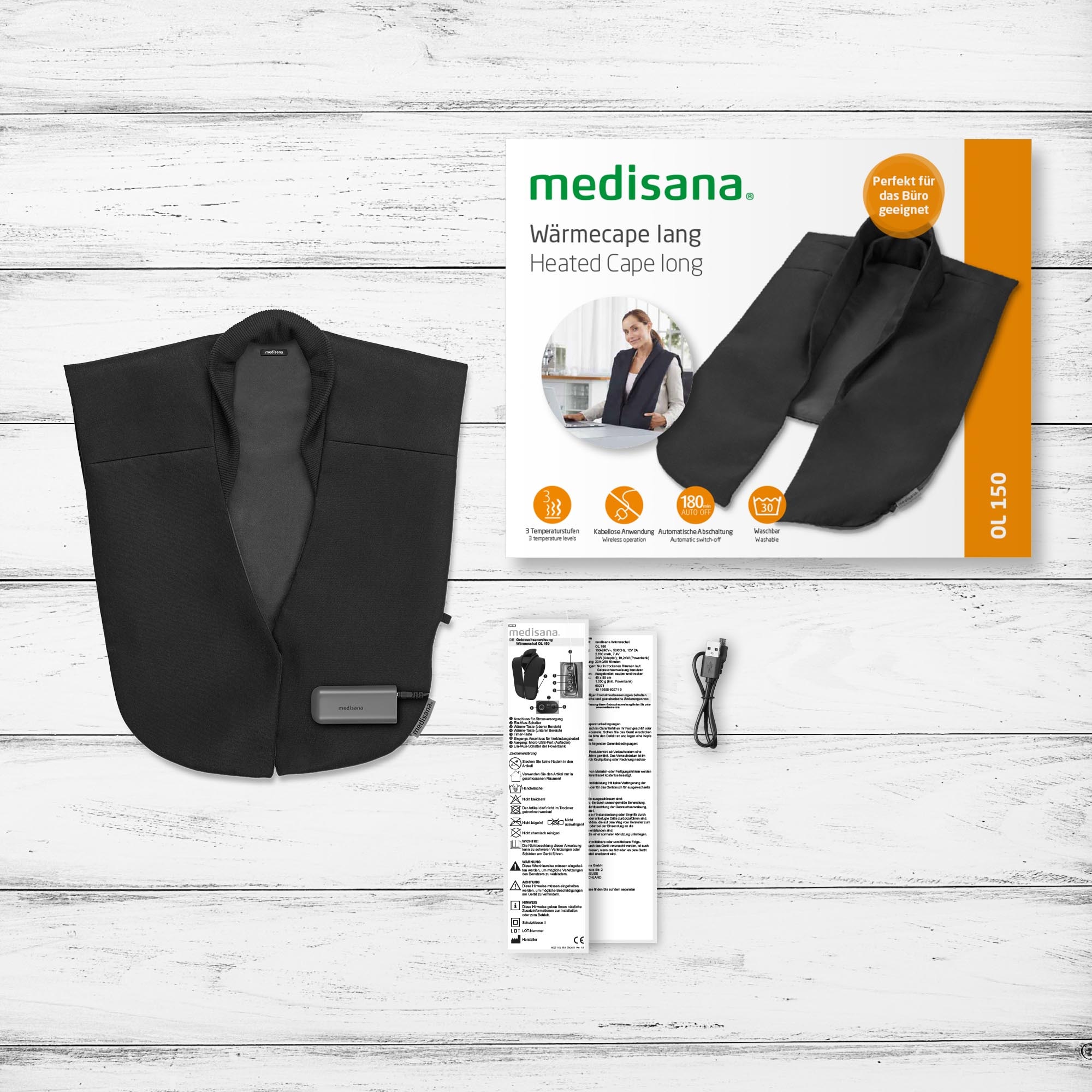 Medisana Wärmecape »OL 150«, langes Cape im smarten Businesslook, kabellose Anwendung, 2 Wärmezonen