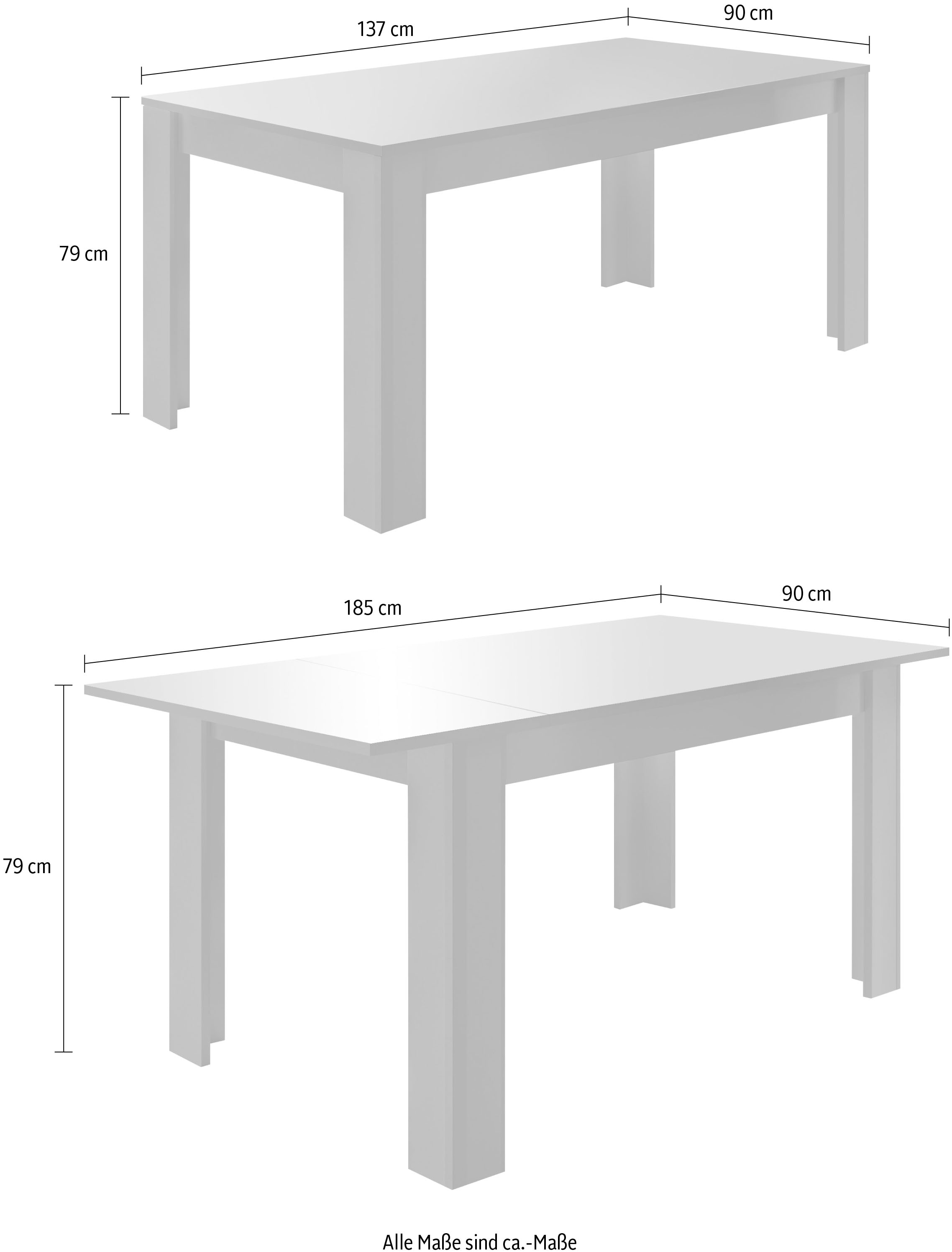 INOSIGN Esstisch »Dama 137x90x79 cm (BxTxH), Esszimmertisch Anthrazit Hochglanz Lack,«, moderner rechteckiger Küchentisch, ausziehbar, erweiterbar auf 185 cm