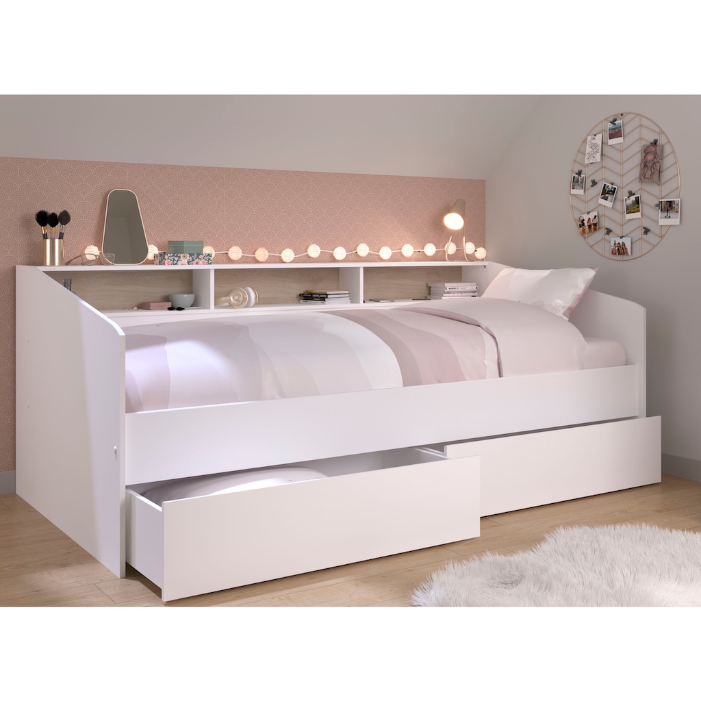 Parisot Stauraumbett »Sleep, Daybed, Kinderbett, Rückwand der Regale drehbar (farbig + weiß)«, inklusive, Regale, Schubkästen, viel Stauraum, TOPSELLLER!