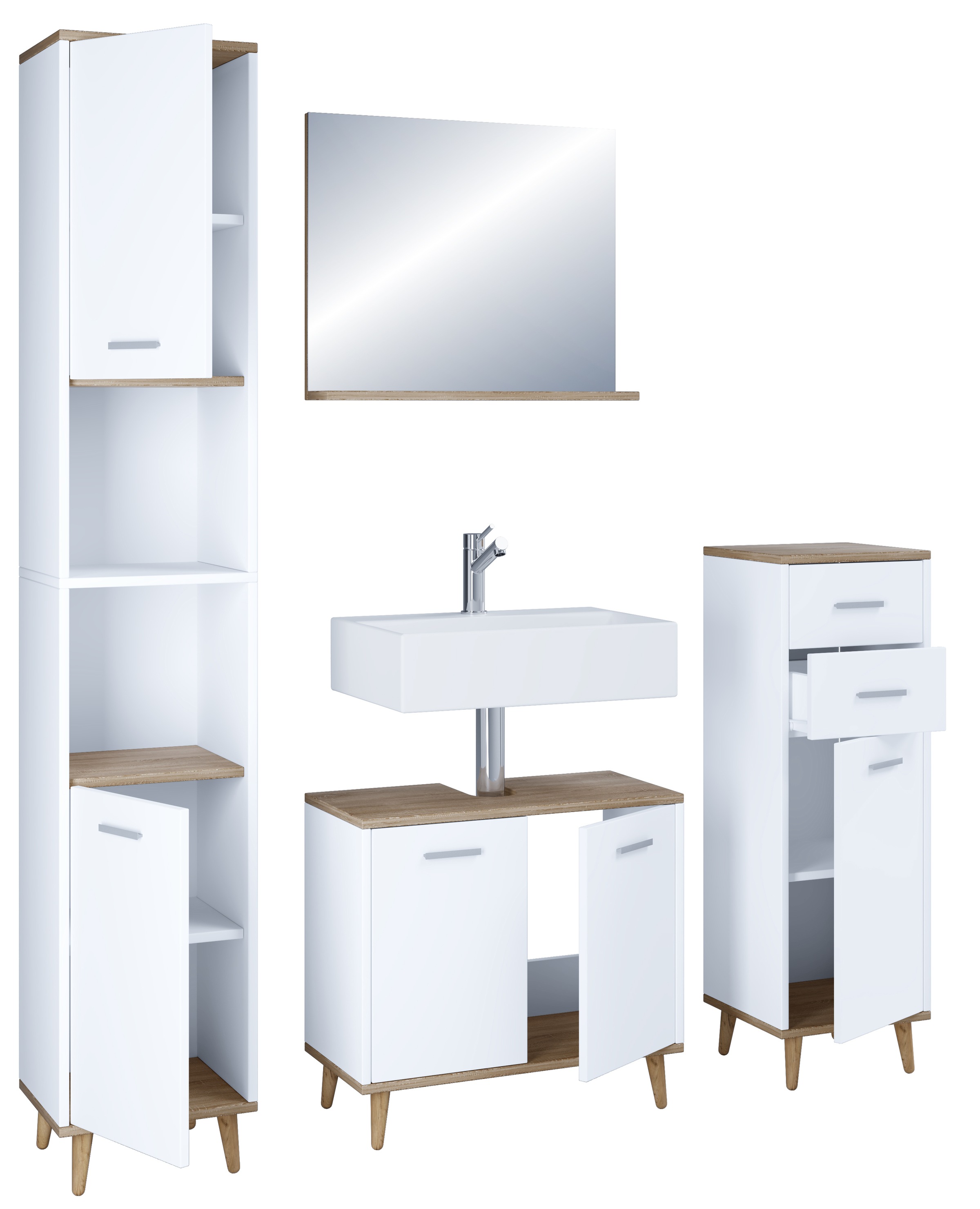 VCM Waschbeckenunterschrank »VCM 4-tlg. Badmöbelset | Badmöbel | Set aus Unterschrank, Midischrank, Hochschrank und Spiegel | Badezimmermöbel - Landos«, (4 St.)