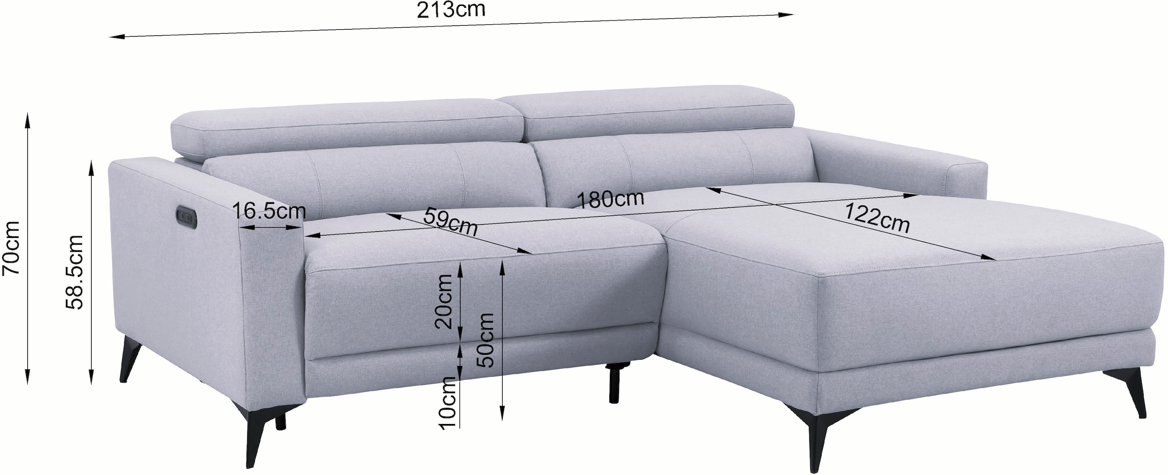 OTTO home Ecksofa »LEWII, L-Form, 213 cm - elektr. Relaxfunktion« mit USB A/C-Anschluss. Federkern, verstellbaren Kopfstützen, Webstoff