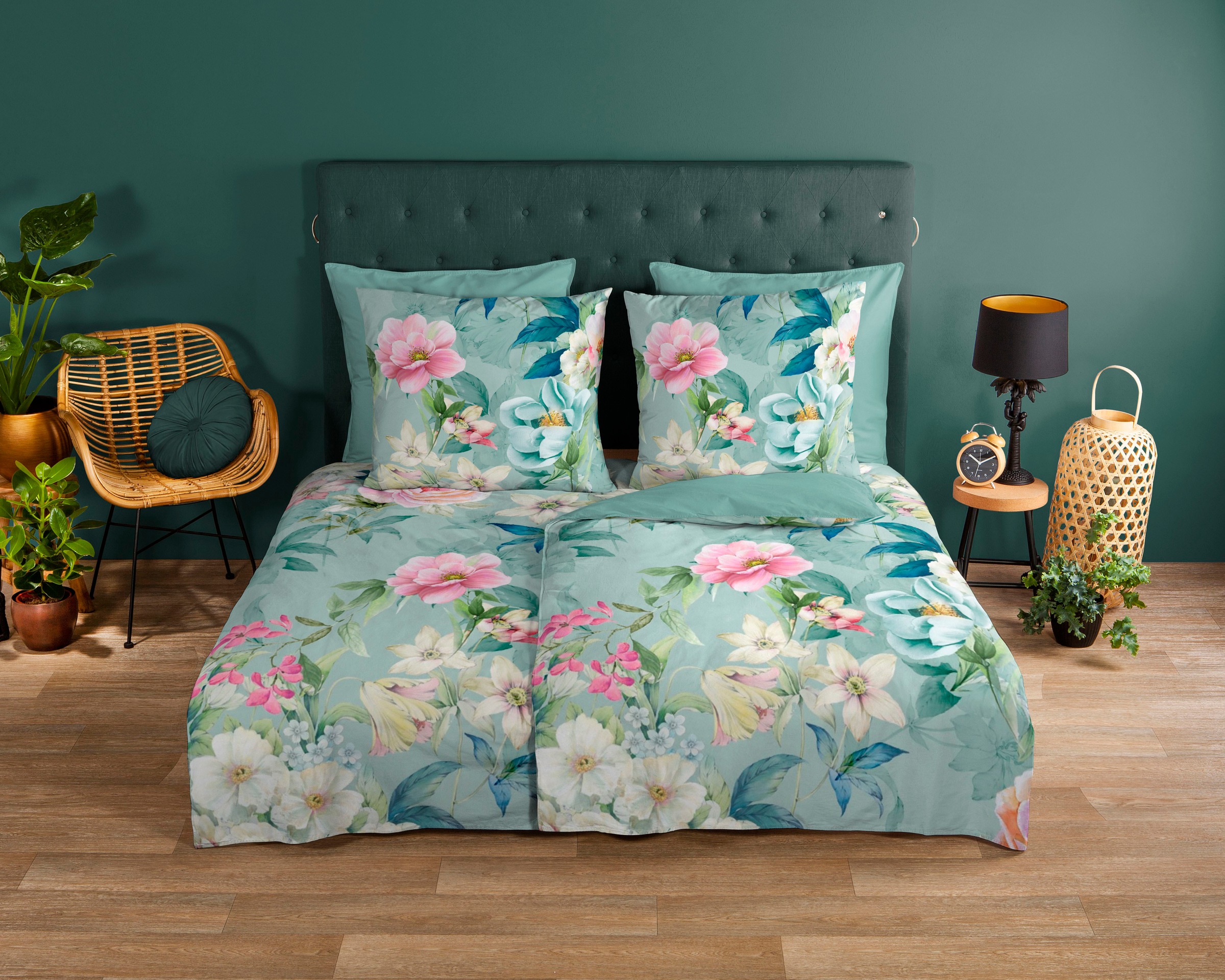 good morning Wendebettwäsche »Casa«, 100% Baumwolle, 135x200, Reißverschluss, Wendeoptik, Blumen, Türkis