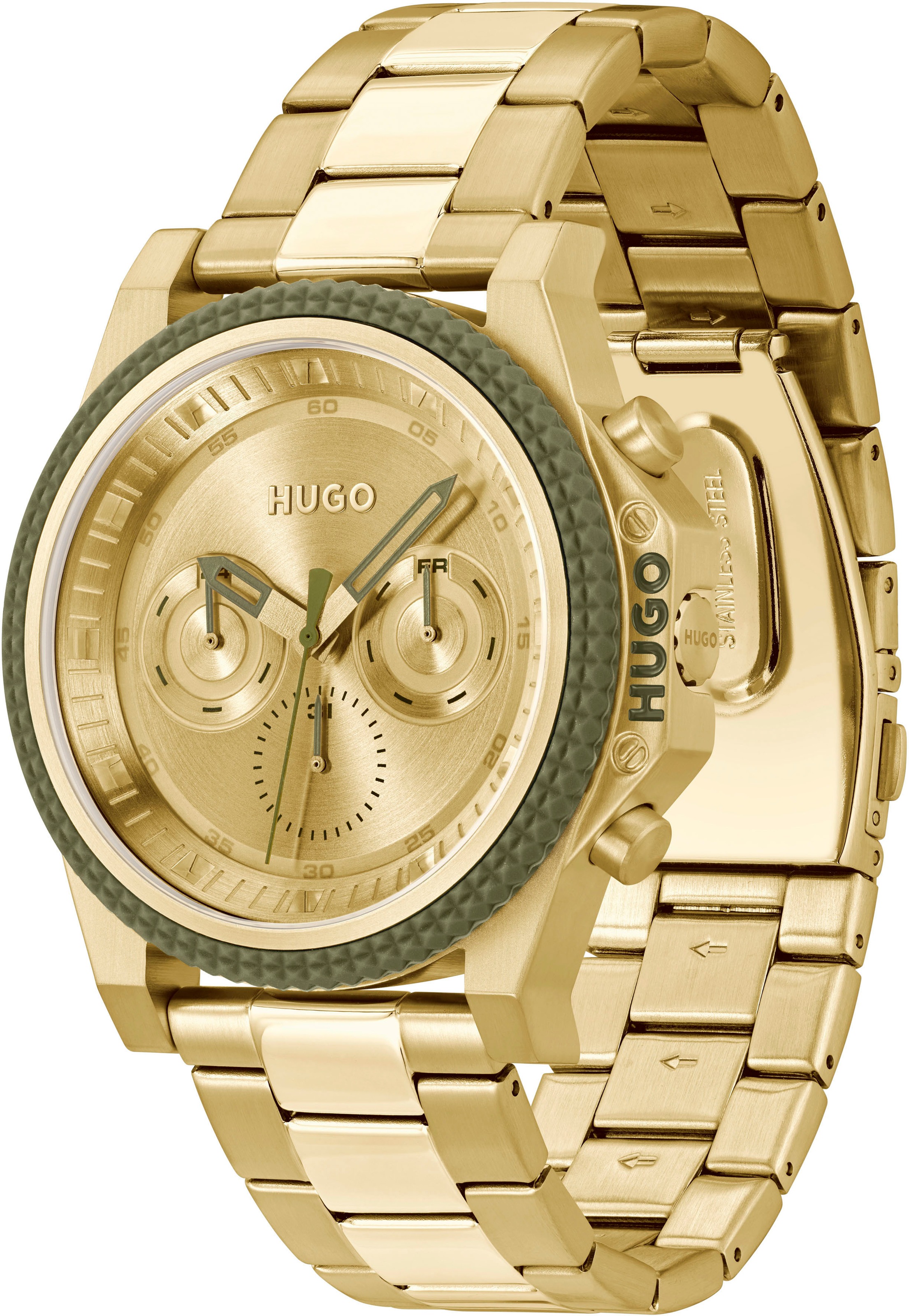 HUGO Multifunktionsuhr »#BRAVE«, Quarzuhr, Armbanduhr, Herrenuhr, Datum, Edelstahlarmband