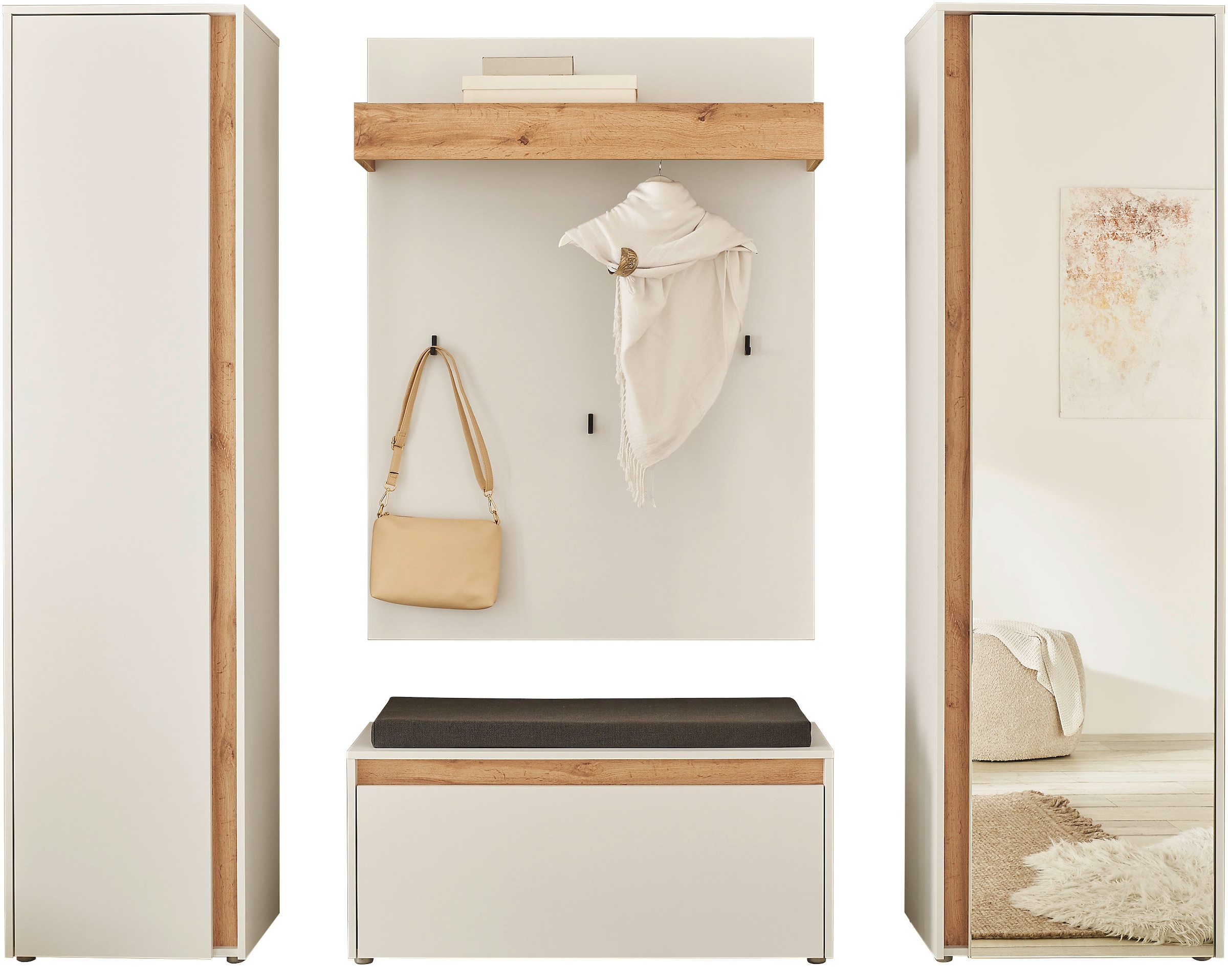 INOSIGN Garderoben-Set »GIRON/ CiTY, Garderobe in Wotan Eiche, moderner Garderobenschrank«, (Komplett-Set, 4 St.), enthält Garderobenschränke, Paneel & Schuhbank +Sitzkissen