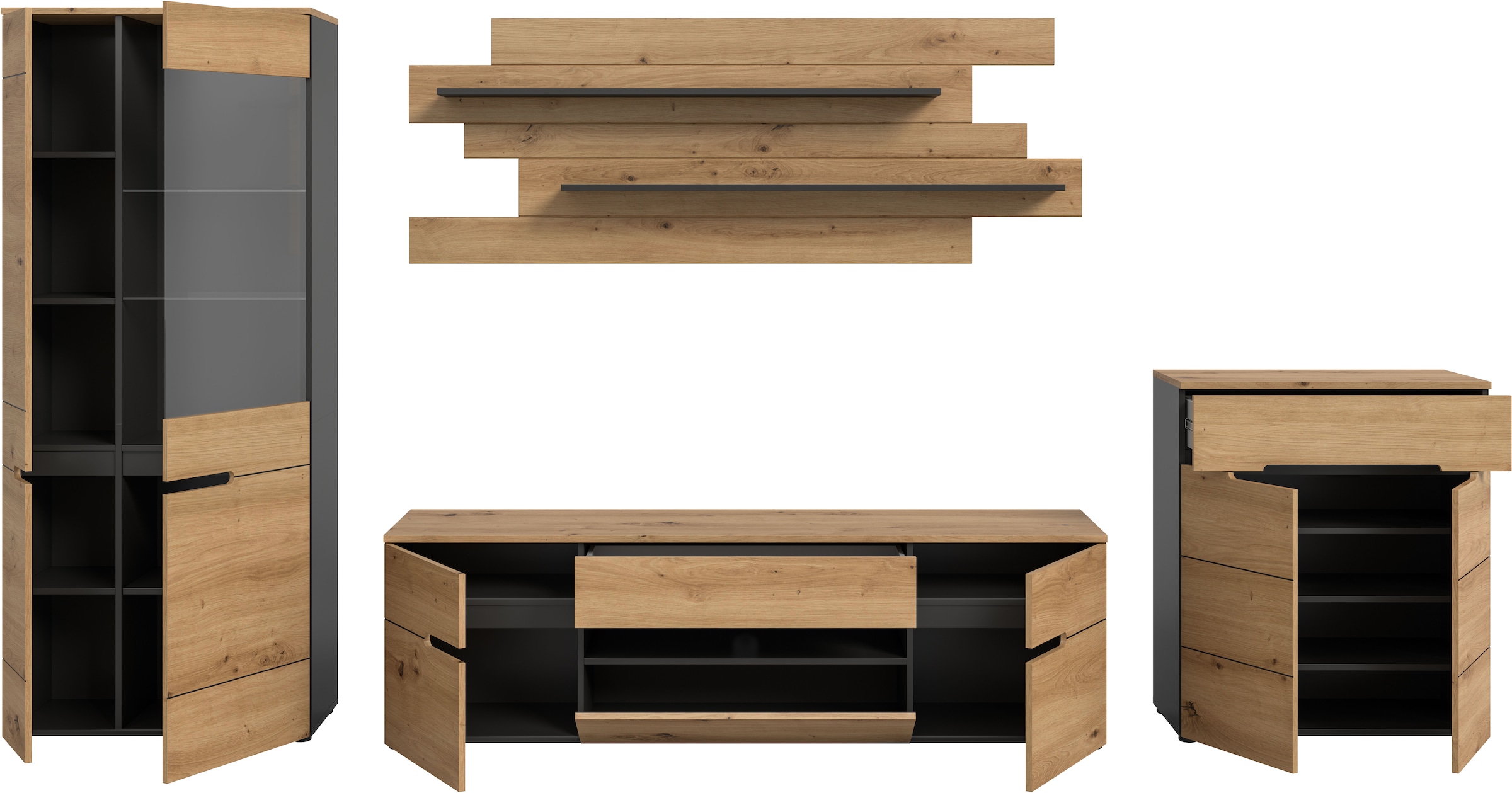 INOSIGN Wohnwand »REHAT, TOPSELLER!, 4-teilig, Breite 375 cm, individuell stellbar« Set bestehend aus: Vitrine, Lowboard, Wandboard und Kommode, 4 Stk. tlg.