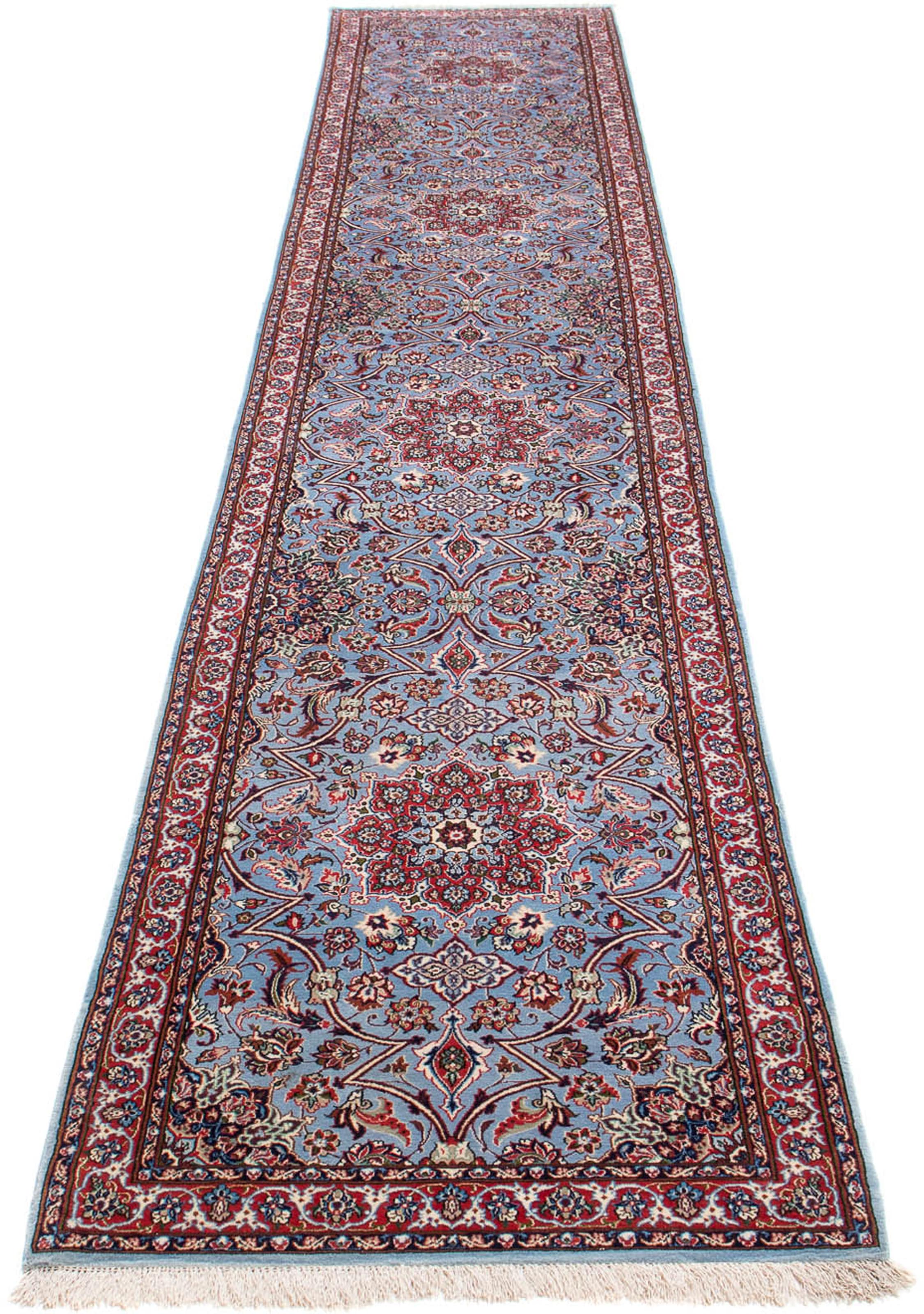 morgenland Orientteppich »Perser - Isfahan - Premium - 438 x 80 cm - lila«, rechteckig, Wohnzimmer, Handgeknüpft, Einzelstück mit Zertifikat
