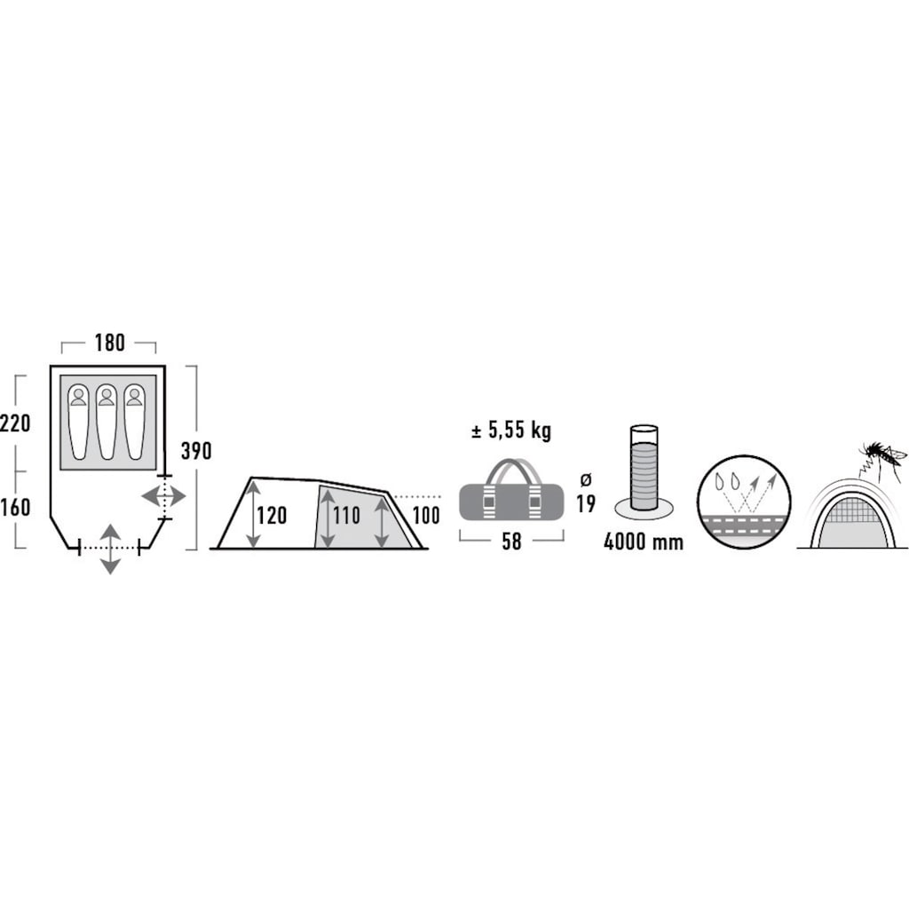 High Peak Tunnelzelt »Atmos 3«, 3 Personen, (Set, mit Transporttasche)