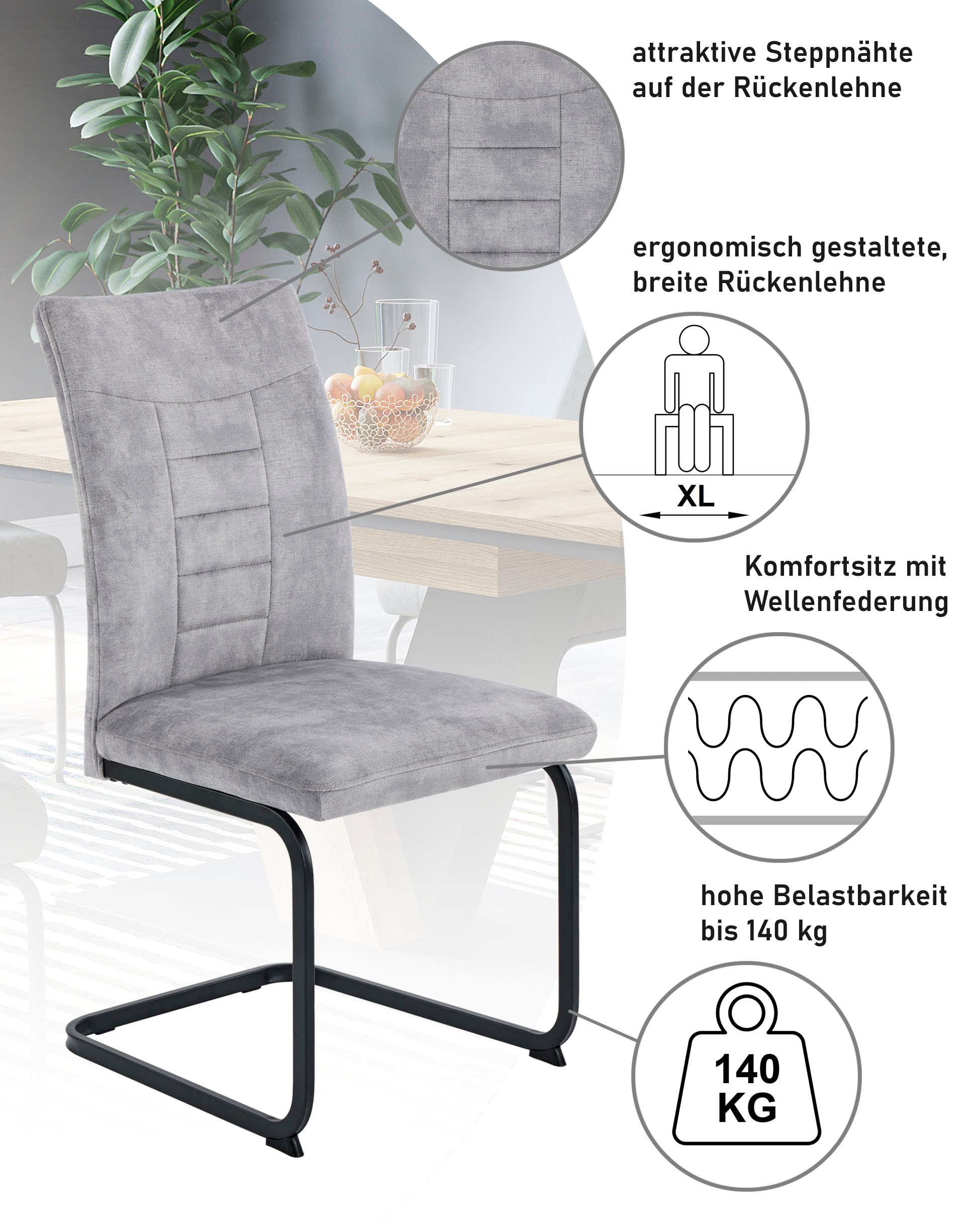 HELA Freischwinger »GELA« (Set) 4 Stk.XL, Wellenfederung, Komfortsitz, Vintage Optik, 140kg belastbar