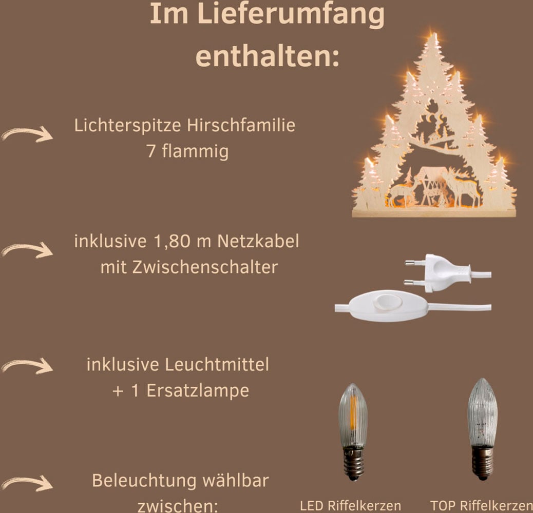 Weigla LED Lichterbogen »Hirschfamilie, Schwibbogen aus Holz, NATUR, Made in Germany« 1 Stk. Erzgebirge garantiert, Weihnachtsdeko Innen, Weihnachtsbeleuchtung