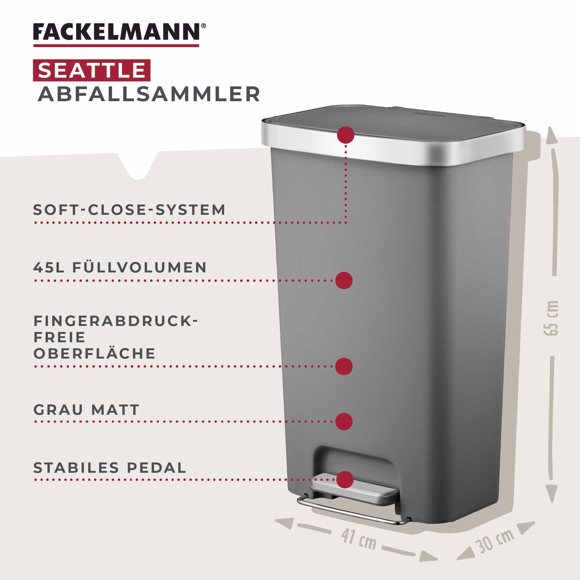 FACKELMANN Mülleimer »SEATTLE, Pedal-Abfalleimer 45L« 1 Behälter stilvoller Mülleimer mit Soft-Close System & robustem Pedal