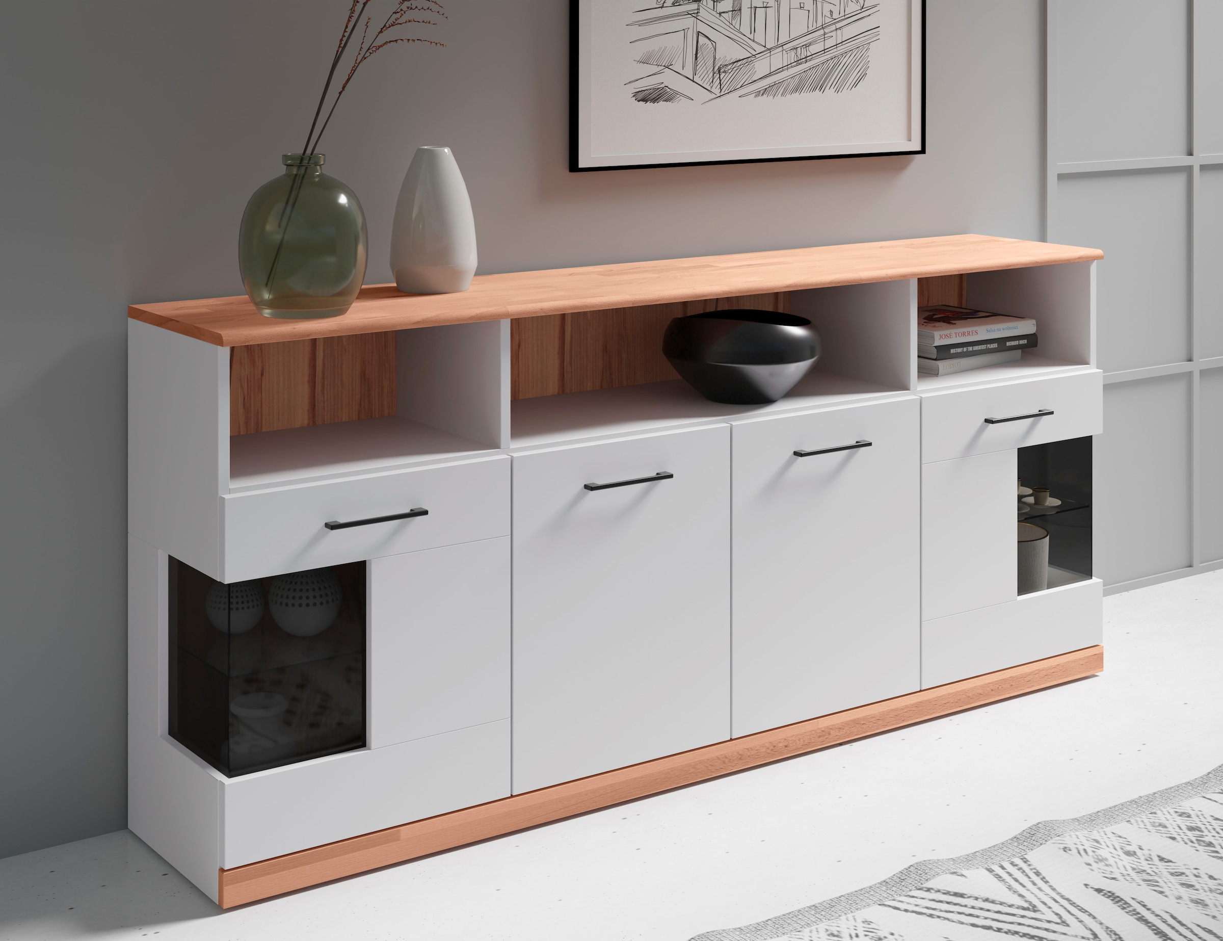 Home affaire Sideboard »Ribe,180cm breit,Oberplatte aus Massivholz, 9 Fächer«, Oberplatte Massivholz,schwarze Metall Griffe,2 Türen mit Glaseinsatz