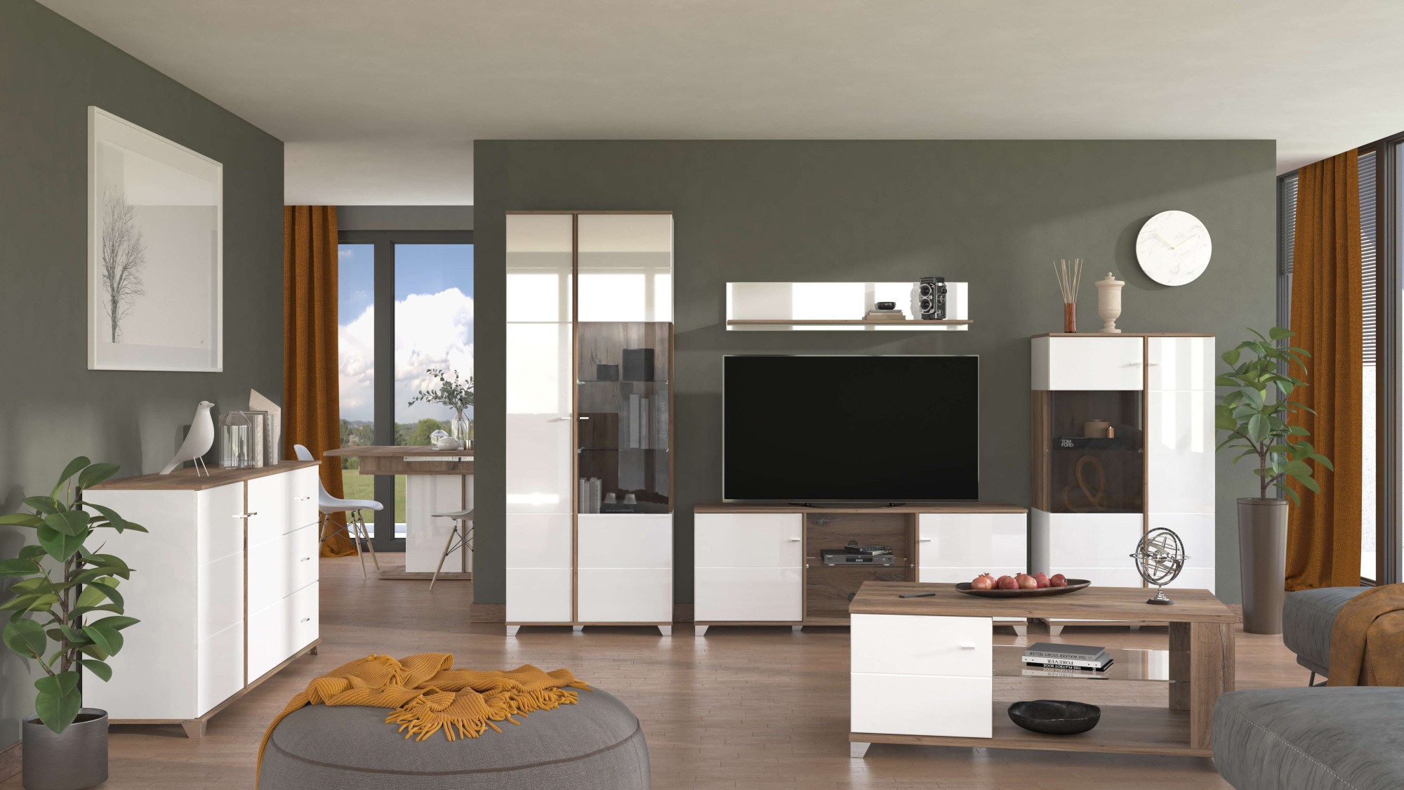 INOSIGN Highboard »Burgundy Sideboard, Stauraumschrank, Anrichte, Hochschrank, B93cm«, Hochglanzfronten und eine Innenausstattung in Flagstaff Eiche